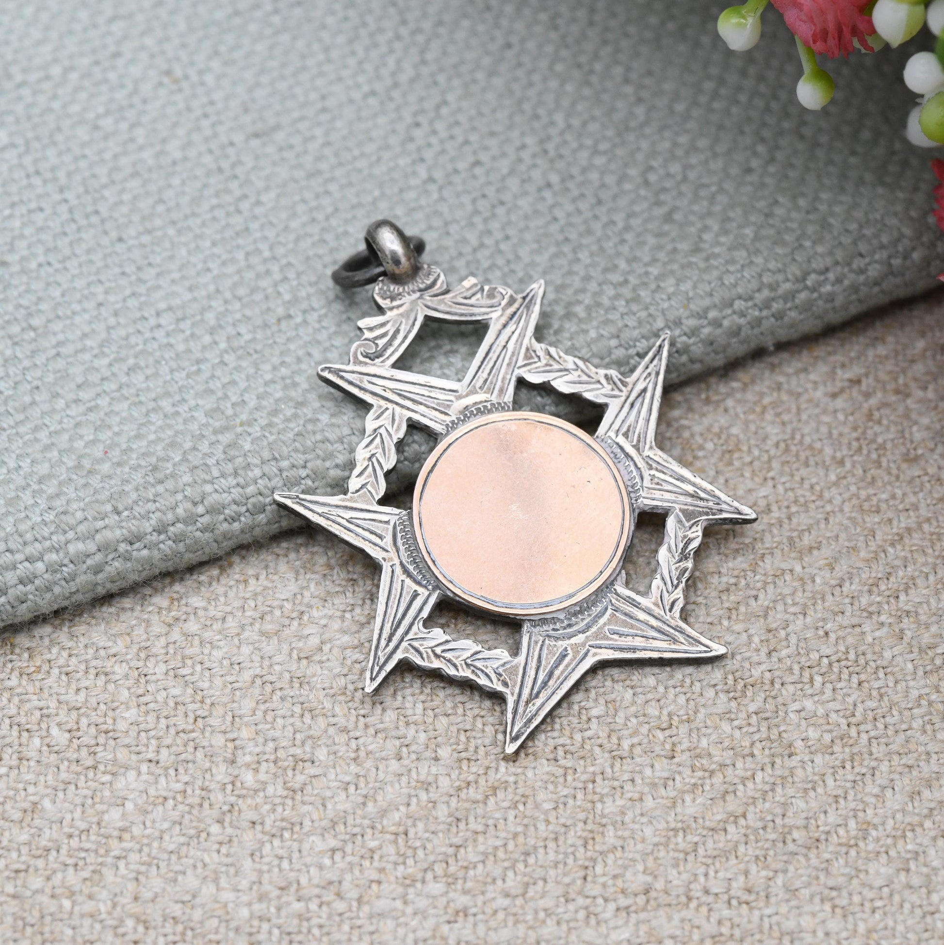 Antique Sterling Silver Watch Fob Pendant Rose Gold Fronted 1927 - Blank Face | Openwork Floral Maltese Cross Border