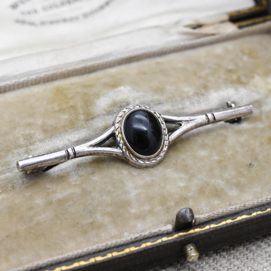 Vintage Sterling Silver Black Onyx Bar Brooch - Openwork Design | Oval Cabochon Black Stone