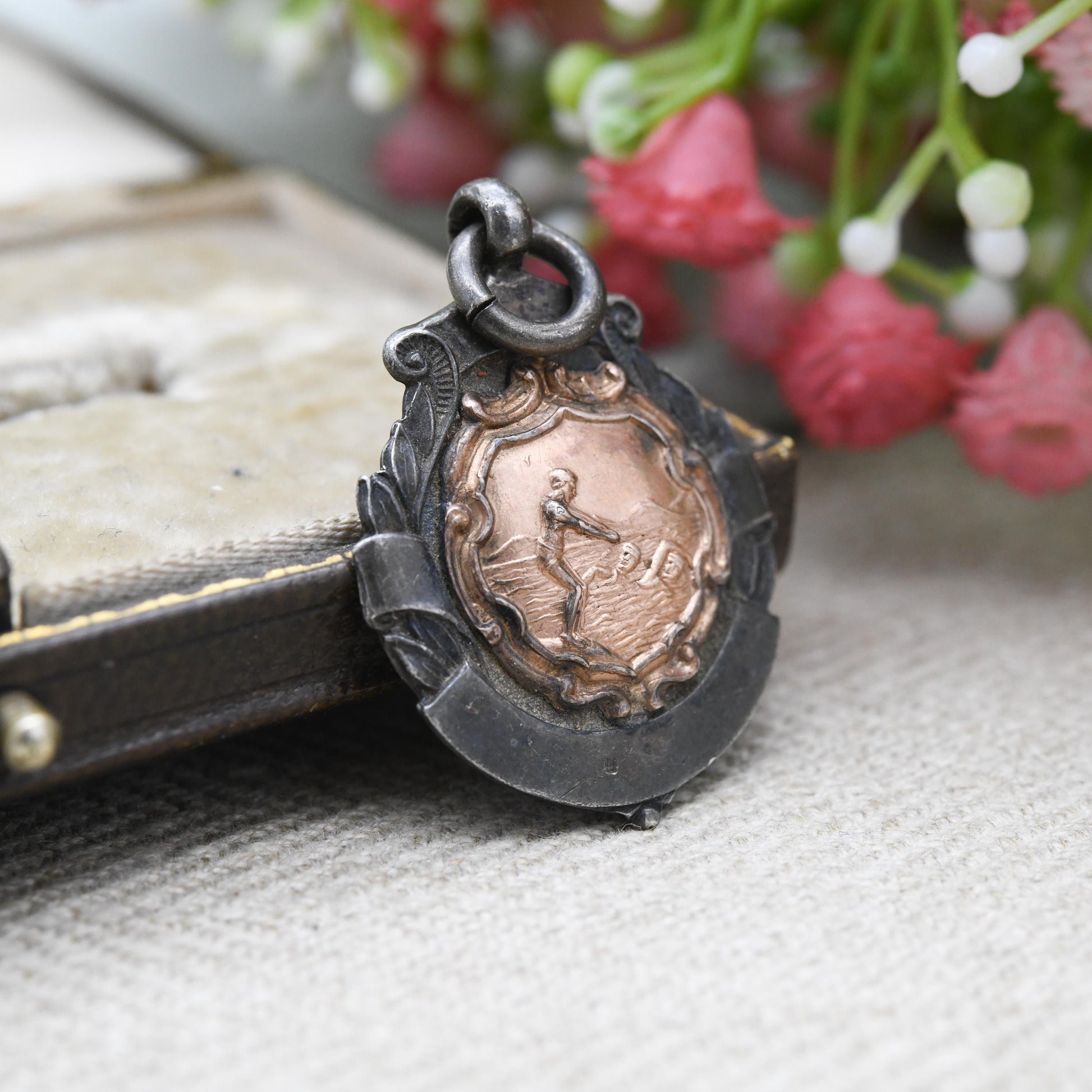 True Vintage Sterling Silver Watch Fob Swimming Medal Pendant 1934 - with Rose Gold Front | Large Victorian Pendant