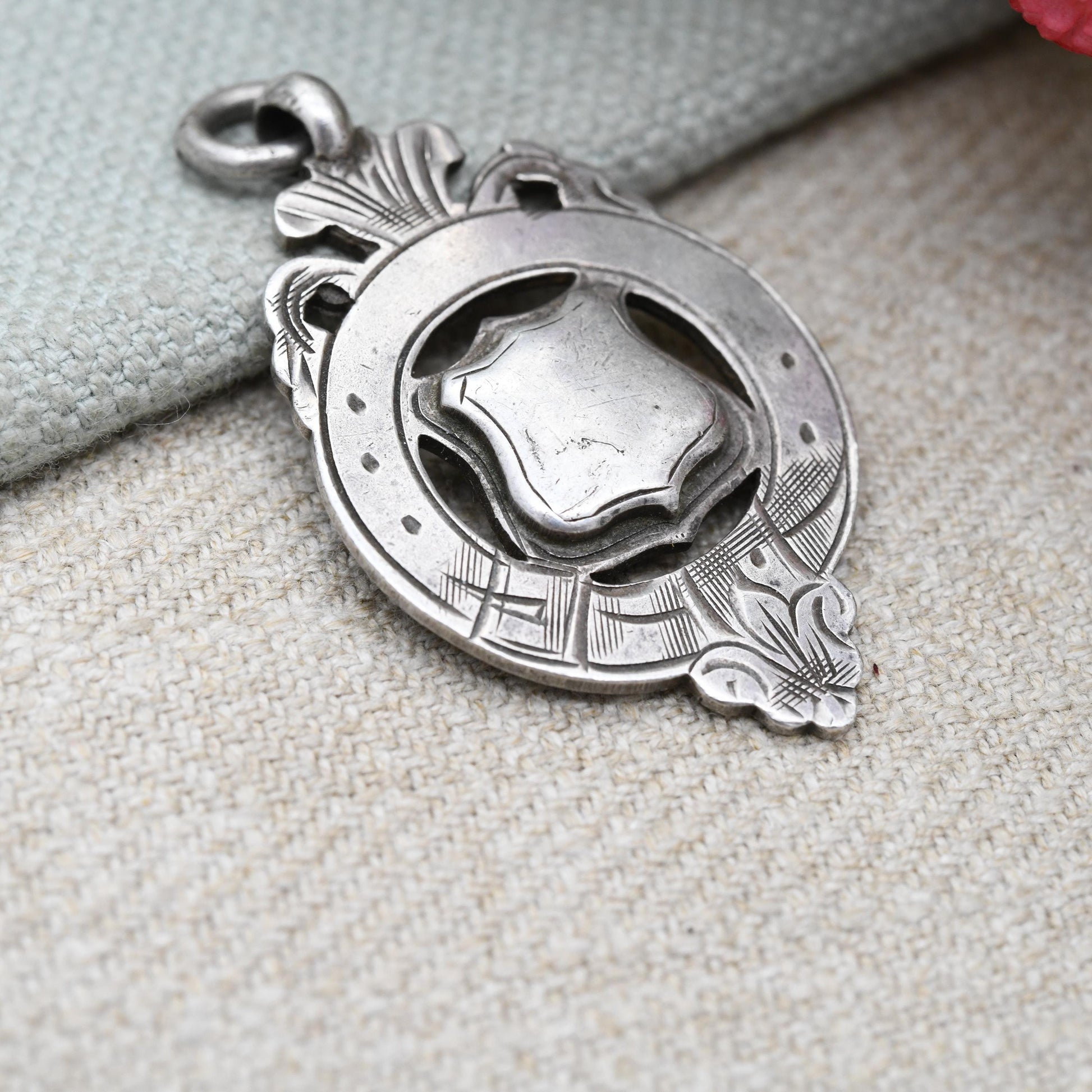 Antique Sterling Silver Watch Fob Pendant Shield Buckle 1916 - with Blank Space for Engraving | Engraved Scrolling and Floral Pattern Border