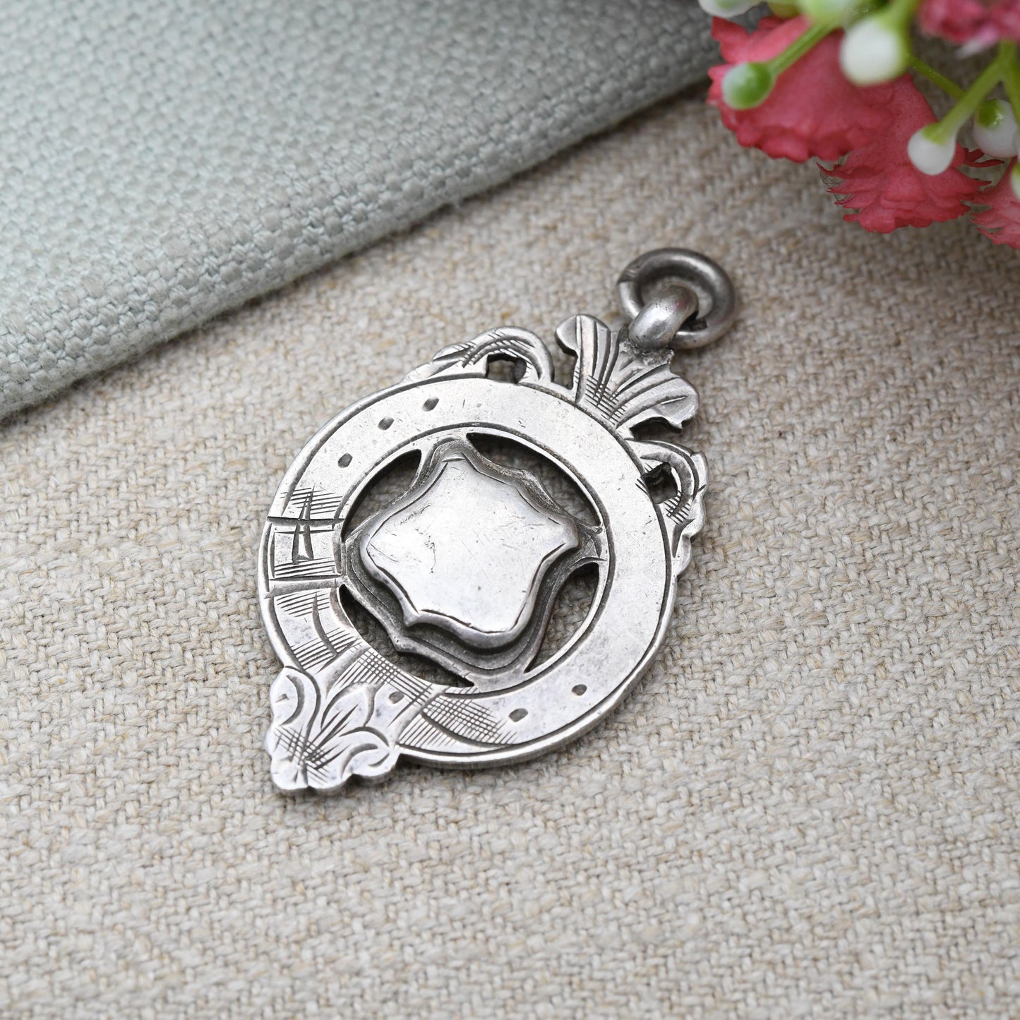 Antique Sterling Silver Watch Fob Pendant Shield Buckle 1916 - with Blank Space for Engraving | Engraved Scrolling and Floral Pattern Border