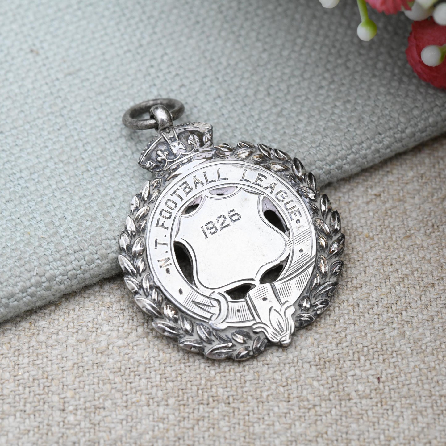 Antique Sterling Silver Watch Fob Football Pendant 1923 - Shield with Crown and Wreath Border | Northern League Commemoration Medal