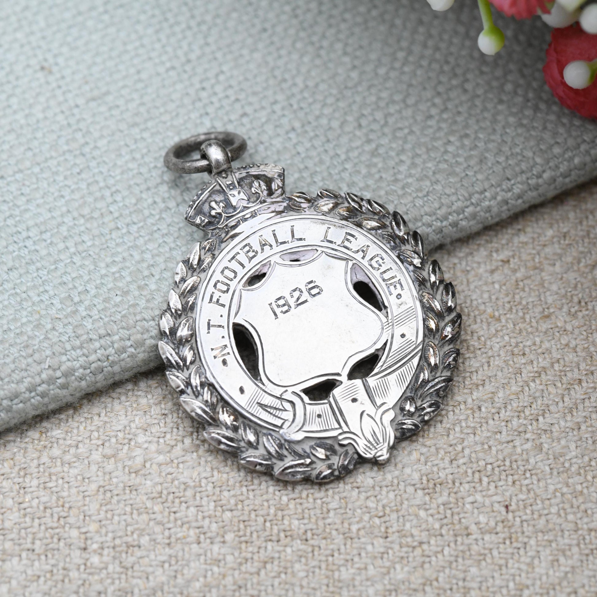 Antique Sterling Silver Watch Fob Football Pendant 1923 - Shield with Crown and Wreath Border | Northern League Commemoration Medal