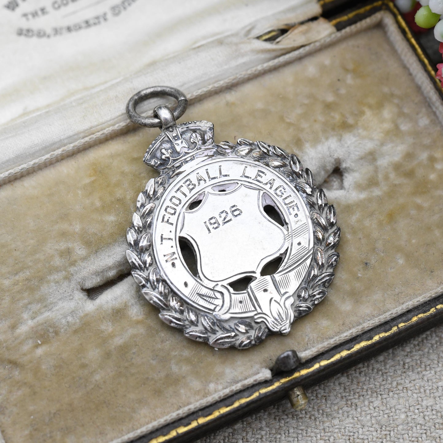Antique Sterling Silver Watch Fob Football Pendant 1923 - Shield with Crown and Wreath Border | Northern League Commemoration Medal
