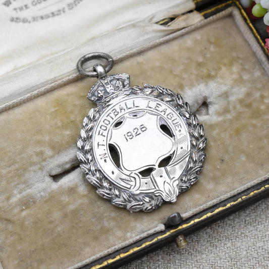 Antique Sterling Silver Watch Fob Football Pendant 1923 - Shield with Crown and Wreath Border | Northern League Commemoration Medal