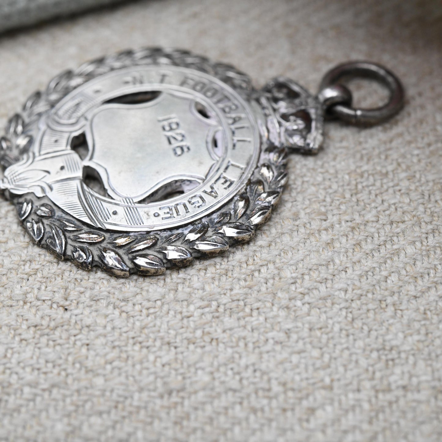 Antique Sterling Silver Watch Fob Football Pendant 1923 - Shield with Crown and Wreath Border | Northern League Commemoration Medal