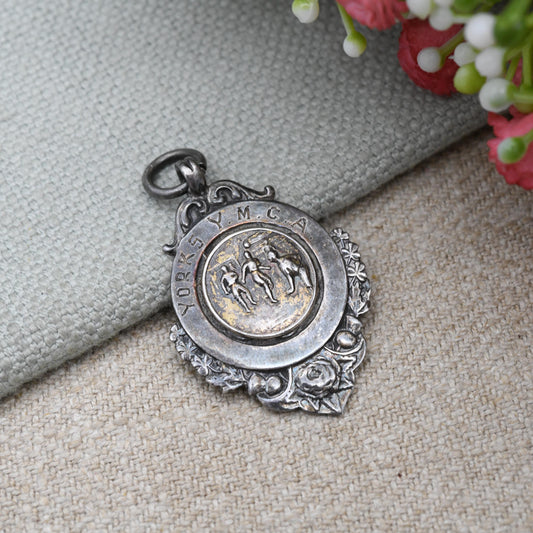 True Vintage Sterling Silver Watch Fob Pendant 1948 by Fattorini & Sons - with Football Relief Scene | Yorks Y.M.C.A Football Medal