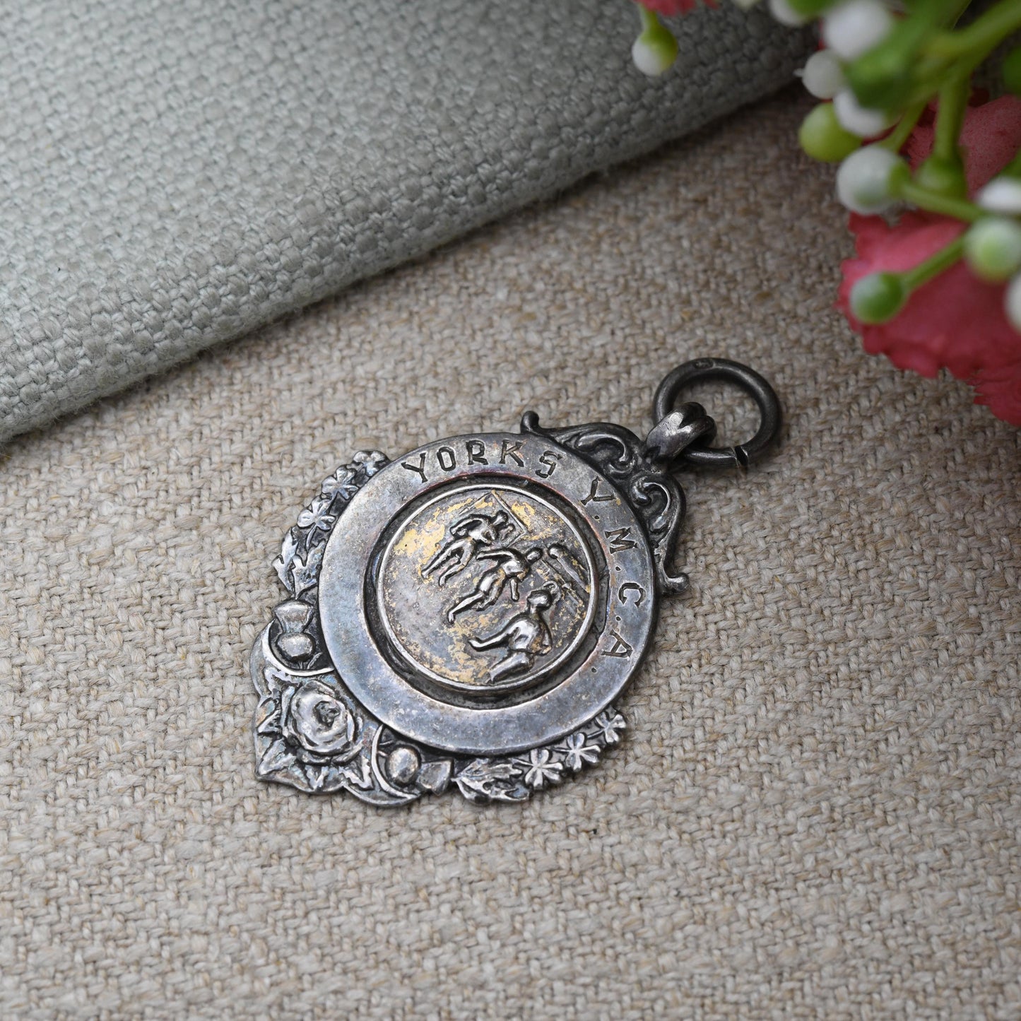 True Vintage Sterling Silver Watch Fob Pendant 1948 by Fattorini & Sons - with Football Relief Scene | Yorks Y.M.C.A Football Medal