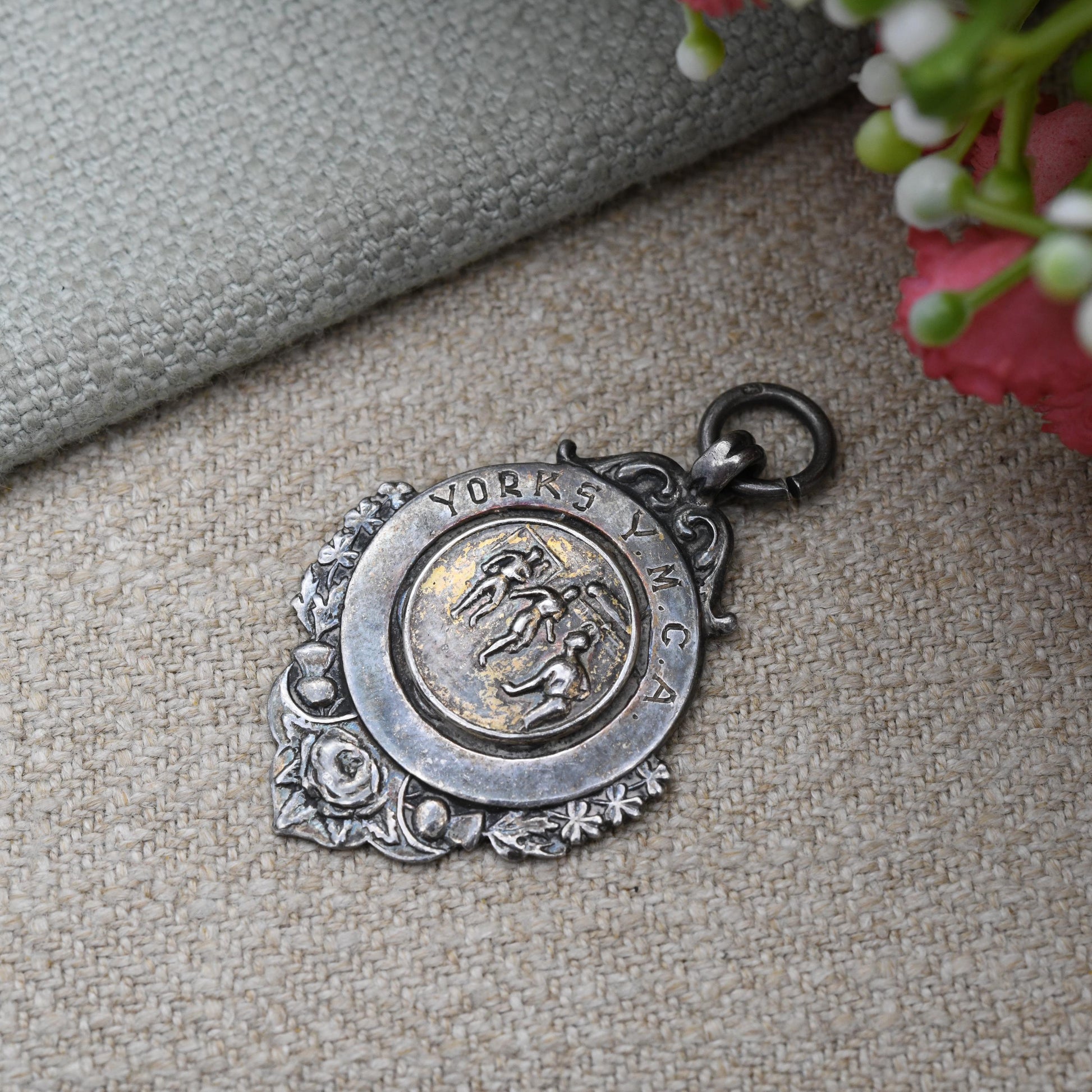 True Vintage Sterling Silver Watch Fob Pendant 1948 by Fattorini & Sons - with Football Relief Scene | Yorks Y.M.C.A Football Medal