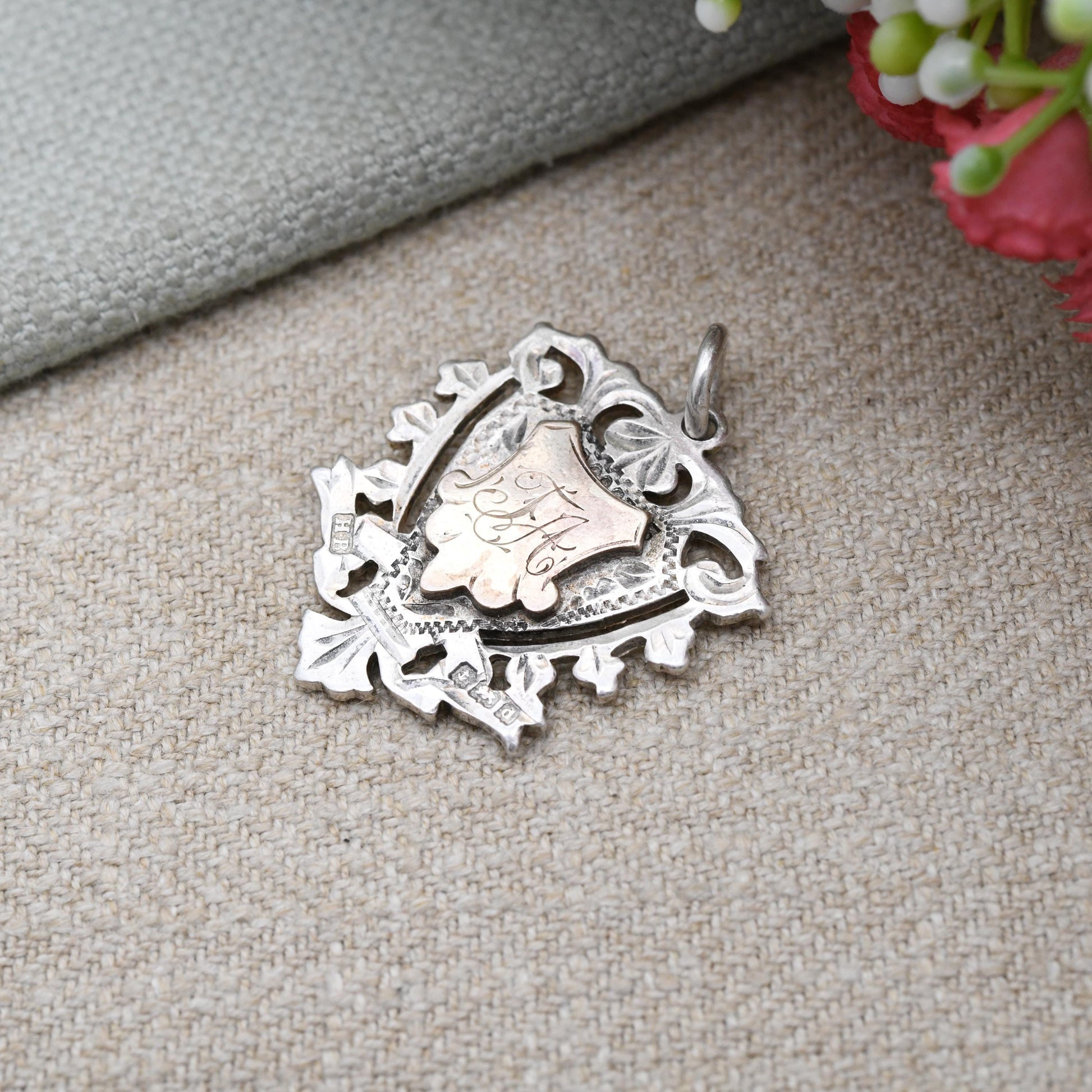Antique Sterling Silver Watch Fob Pendant 1903 - Beautiful Openwork and engraved Shield | Initials FA | Birmingham Hallmarks
