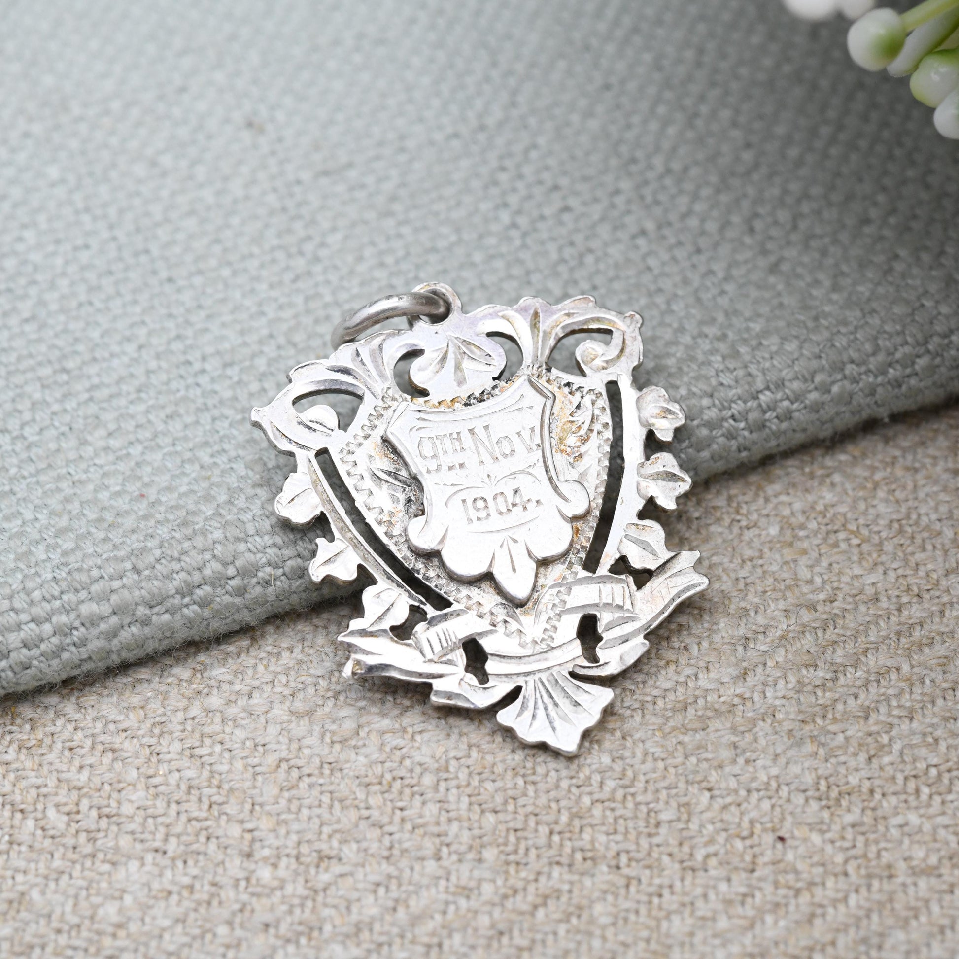 Antique Sterling Silver Watch Fob Pendant 1903 - Beautiful Openwork and engraved Shield | Initials FA | Birmingham Hallmarks