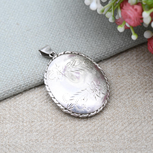 Vintage Sterling Silver Locket Pendant with Engraved Floral Design - Large Oval Locket Necklace for Chunky Chain | Sweet Jewellery Gift