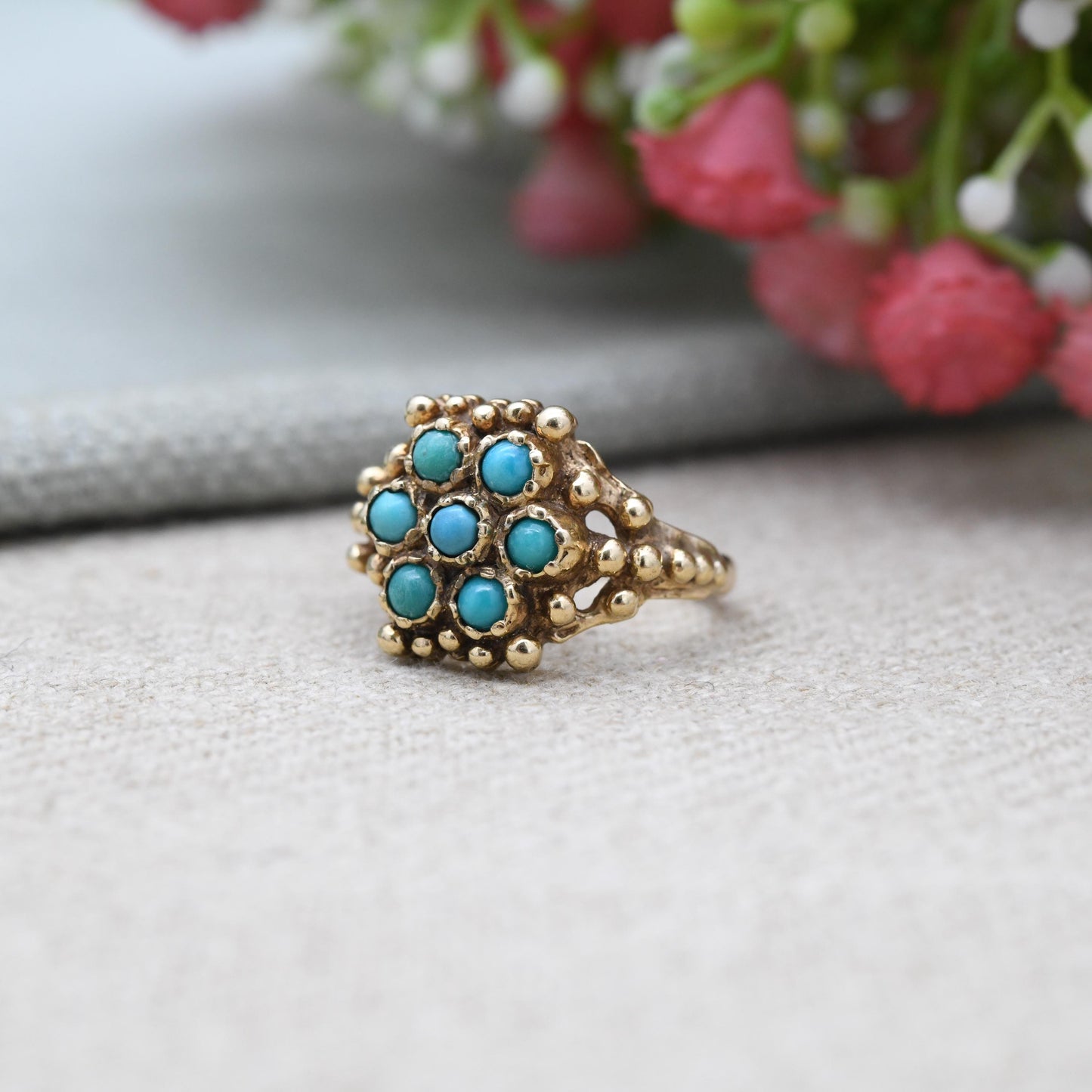 Vintage 9ct Gold Turquoise Cluster Ring 1971 with Granulated Beads - Victorian Style | UK Size - K | US Size - 5 1/2