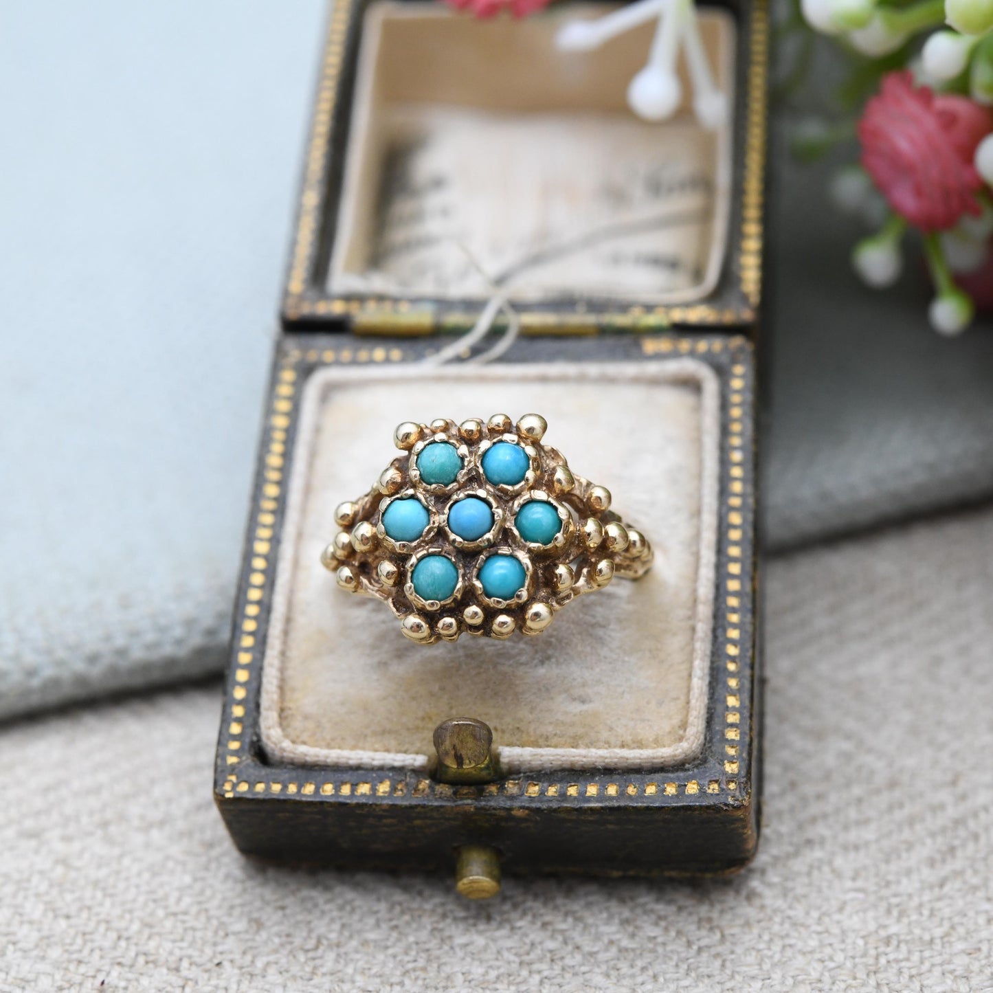 Vintage 9ct Gold Turquoise Cluster Ring 1971 with Granulated Beads - Victorian Style | UK Size - K | US Size - 5 1/2
