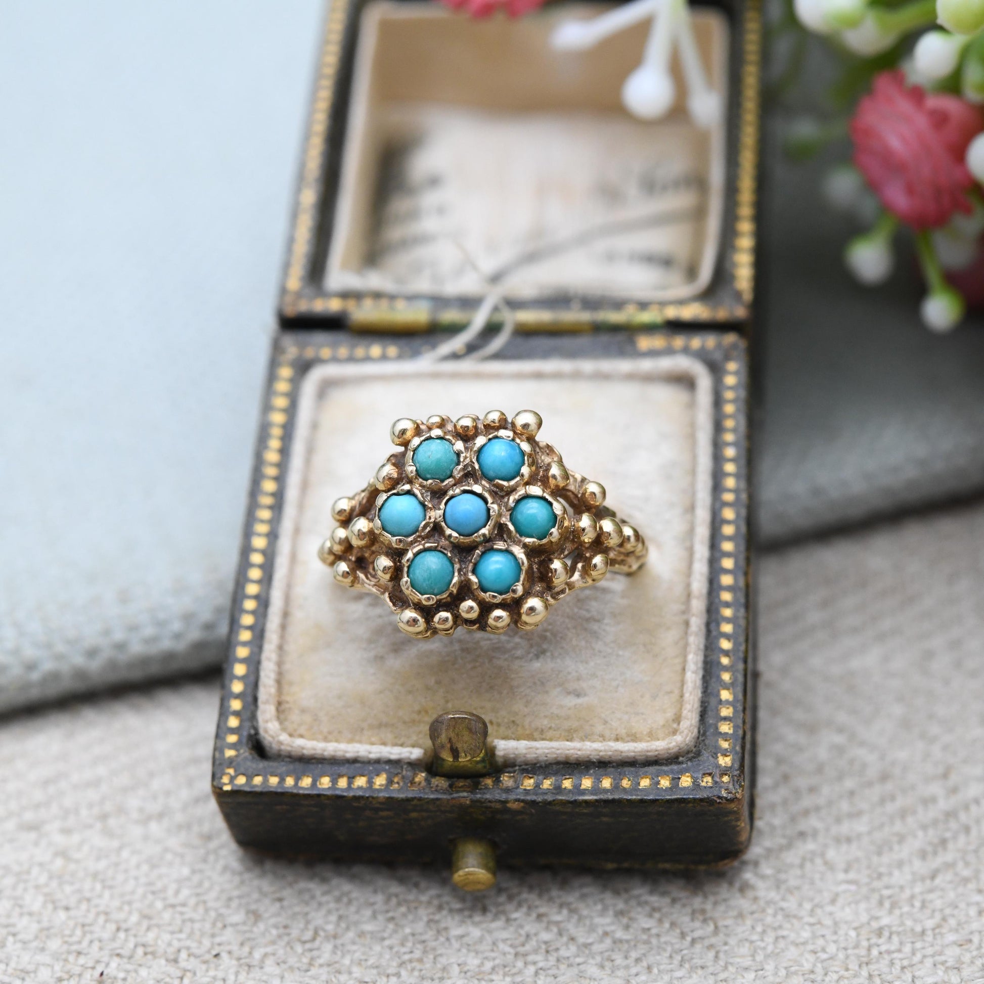 Vintage 9ct Gold Turquoise Cluster Ring 1971 with Granulated Beads - Victorian Style | UK Size - K | US Size - 5 1/2