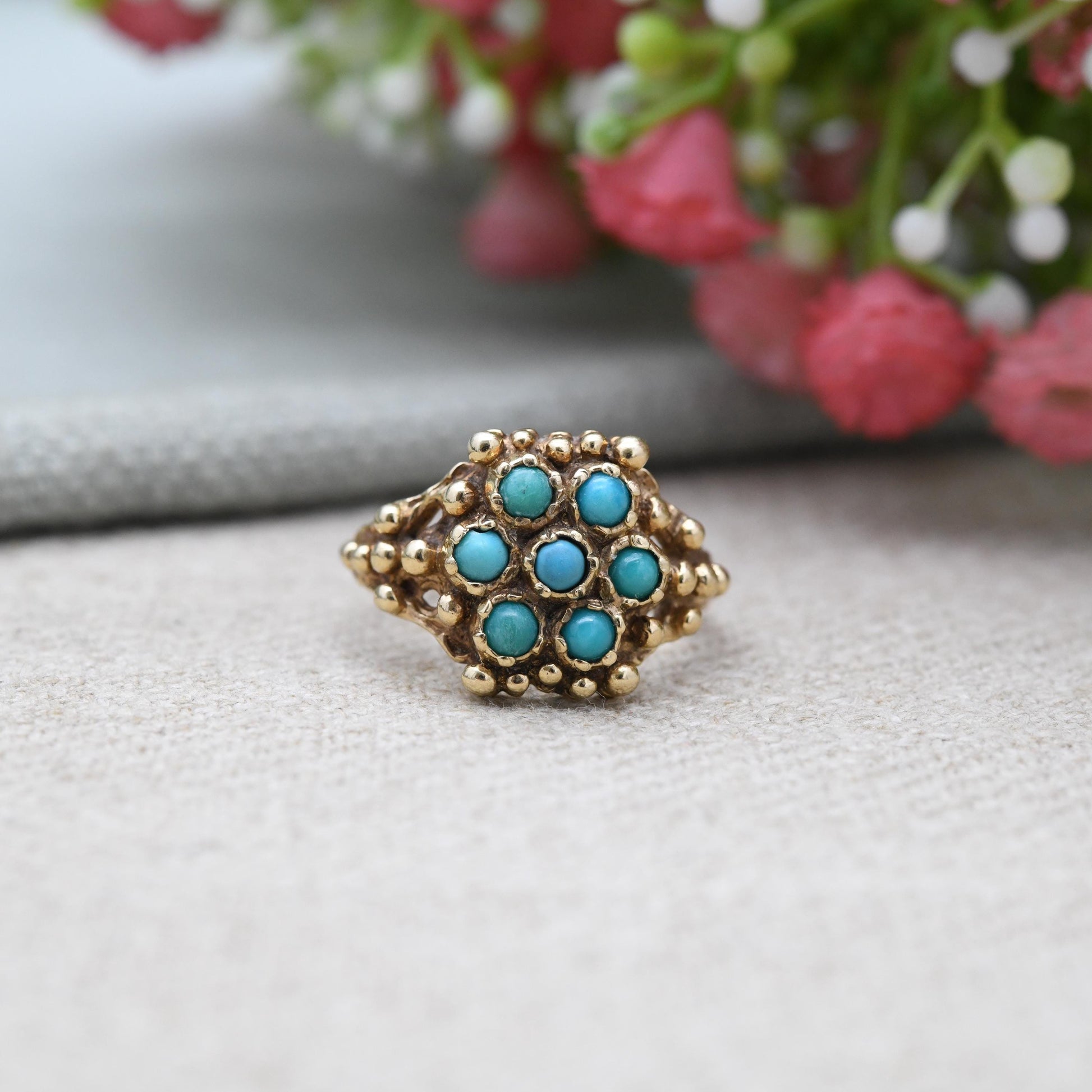 Vintage 9ct Gold Turquoise Cluster Ring 1971 with Granulated Beads - Victorian Style | UK Size - K | US Size - 5 1/2