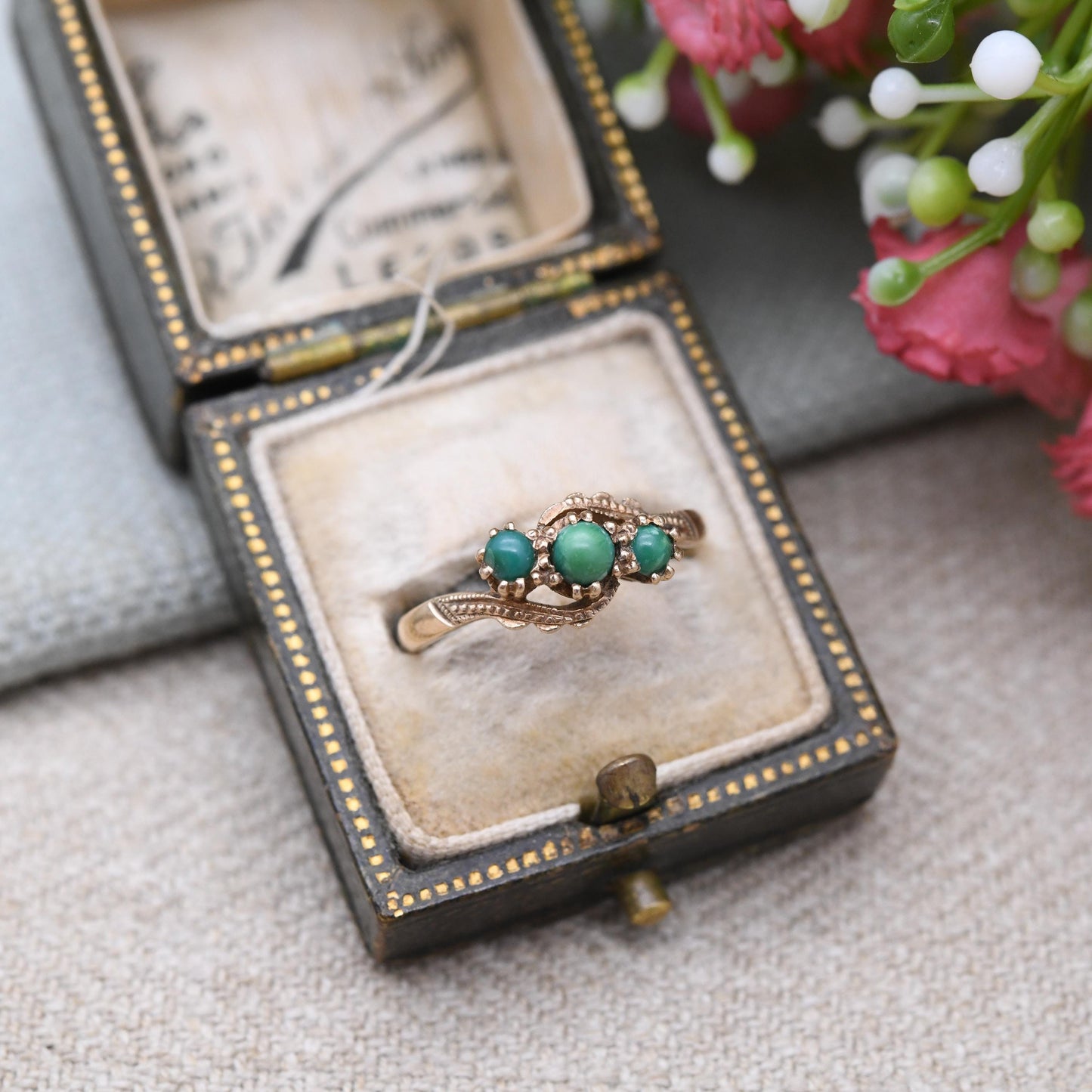 Vintage 9ct Gold Turquoise Three Stone Ring - Gold Trilogy Ring | UK Size - K 1/2 | US Size - 5 3/4