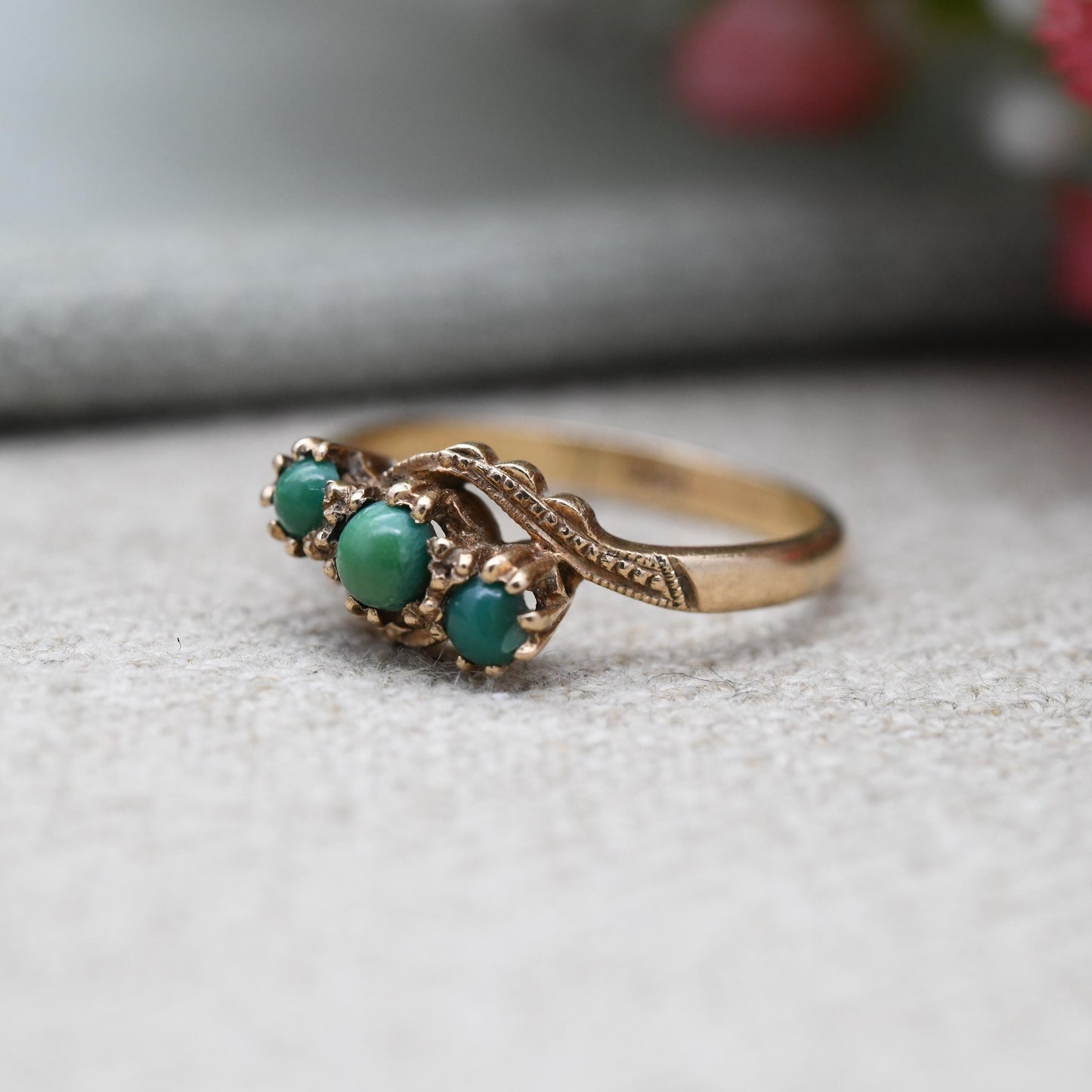 Vintage 9ct Gold Turquoise Three Stone Ring - Gold Trilogy Ring | UK Size - K 1/2 | US Size - 5 3/4