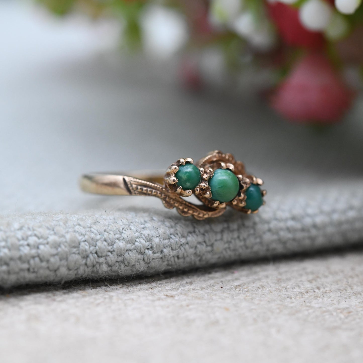 Vintage 9ct Gold Turquoise Three Stone Ring - Gold Trilogy Ring | UK Size - K 1/2 | US Size - 5 3/4