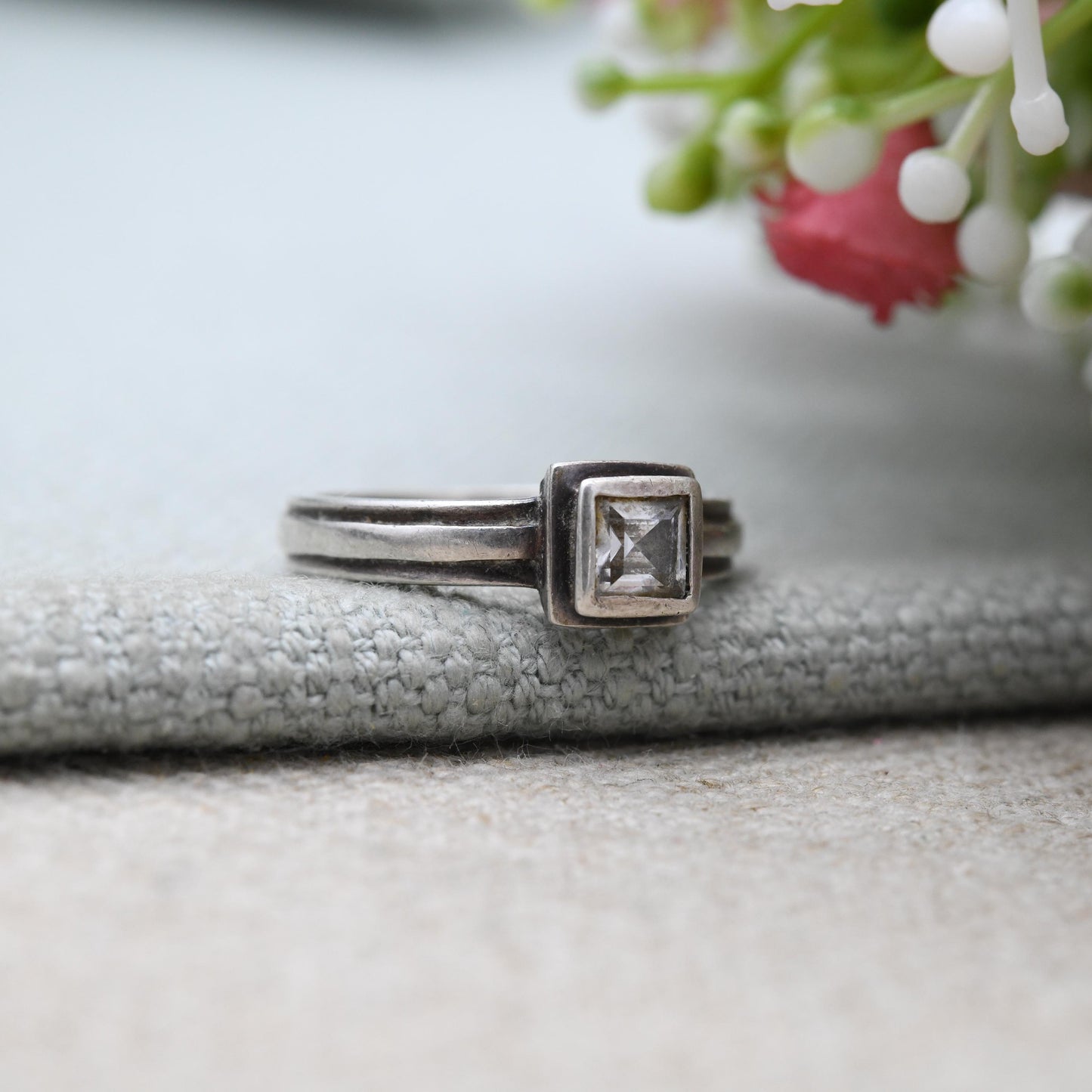 Vintage Sterling Silver Clear Stone Solitaire Ring - Square White Stone | Bezel | UK Size - M | US Size - 6 1/4