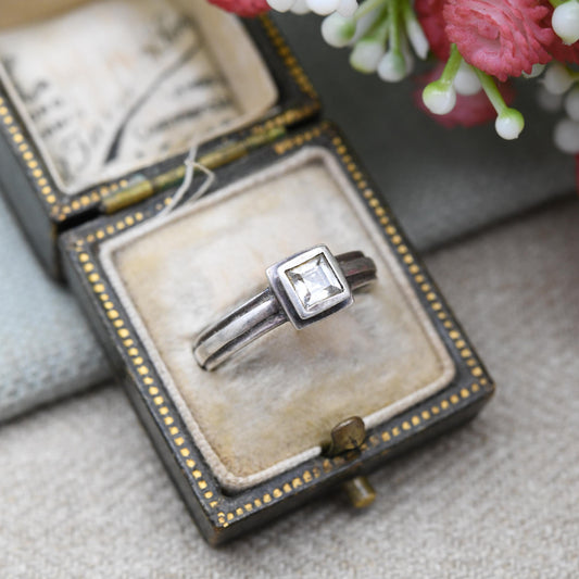 Vintage Sterling Silver Clear Stone Solitaire Ring - Square White Stone | Bezel | UK Size - M | US Size - 6 1/4