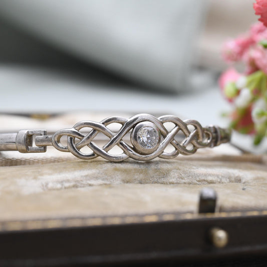 Sterling Silver Opening Celtic CZ Bangle Bracelet - with Solitaire CZ | Openwork Knot Design | Gift for Her