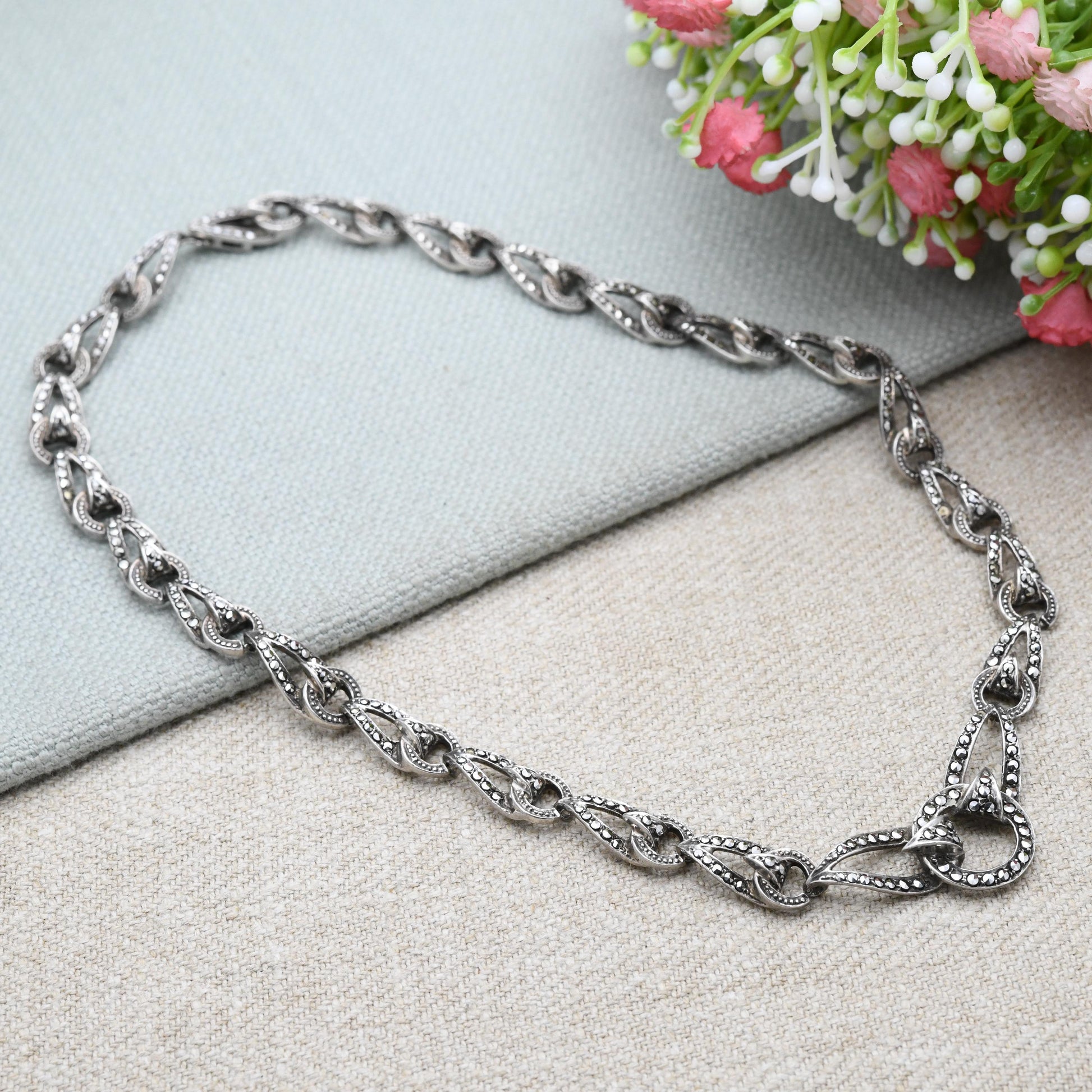 Vintage European Sterling Silver Pearl Marcasite Panel Necklace 1954 - Ornate Design | True Vintage | Sparkly Stones | Gift for Her