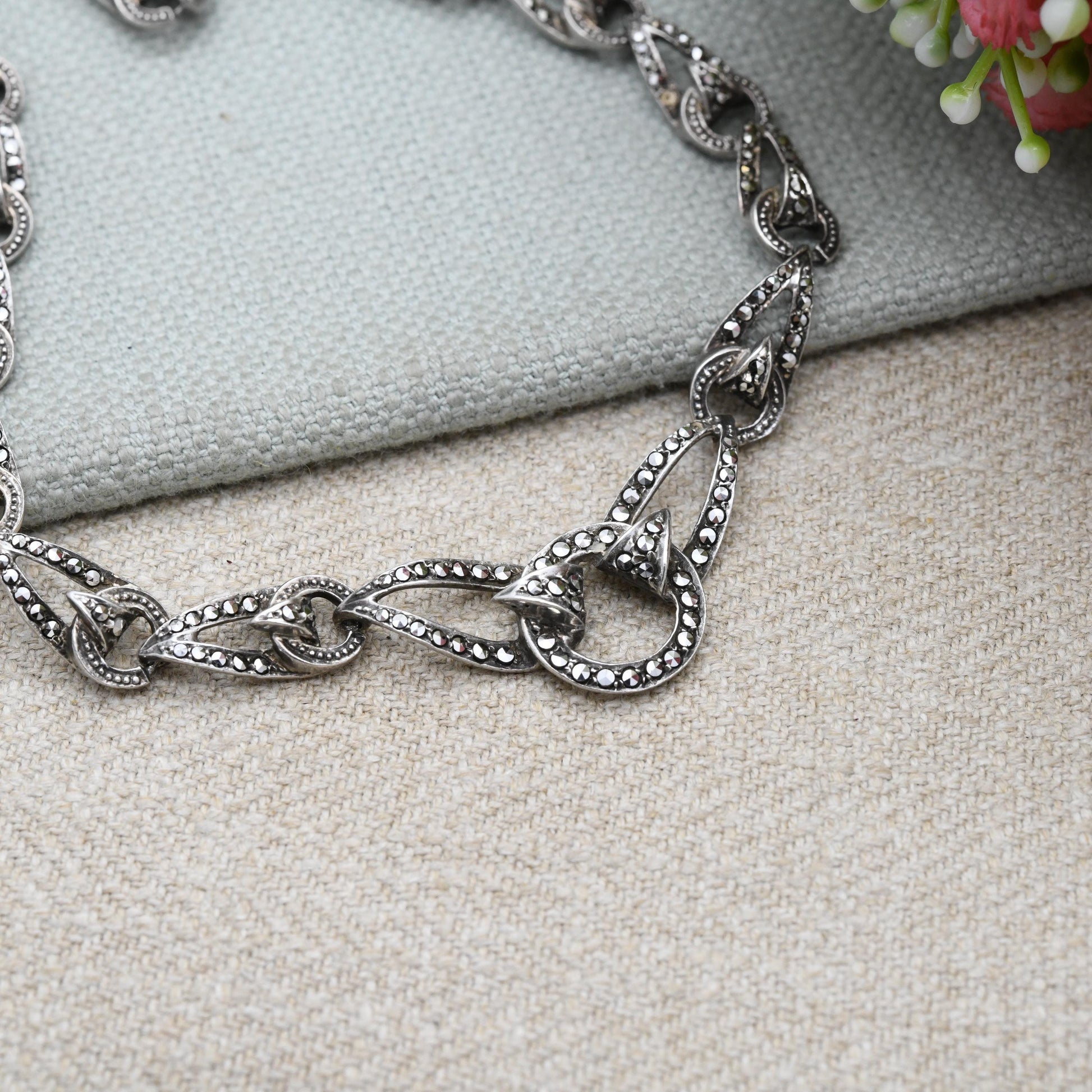 Vintage European Sterling Silver Pearl Marcasite Panel Necklace 1954 - Ornate Design | True Vintage | Sparkly Stones | Gift for Her