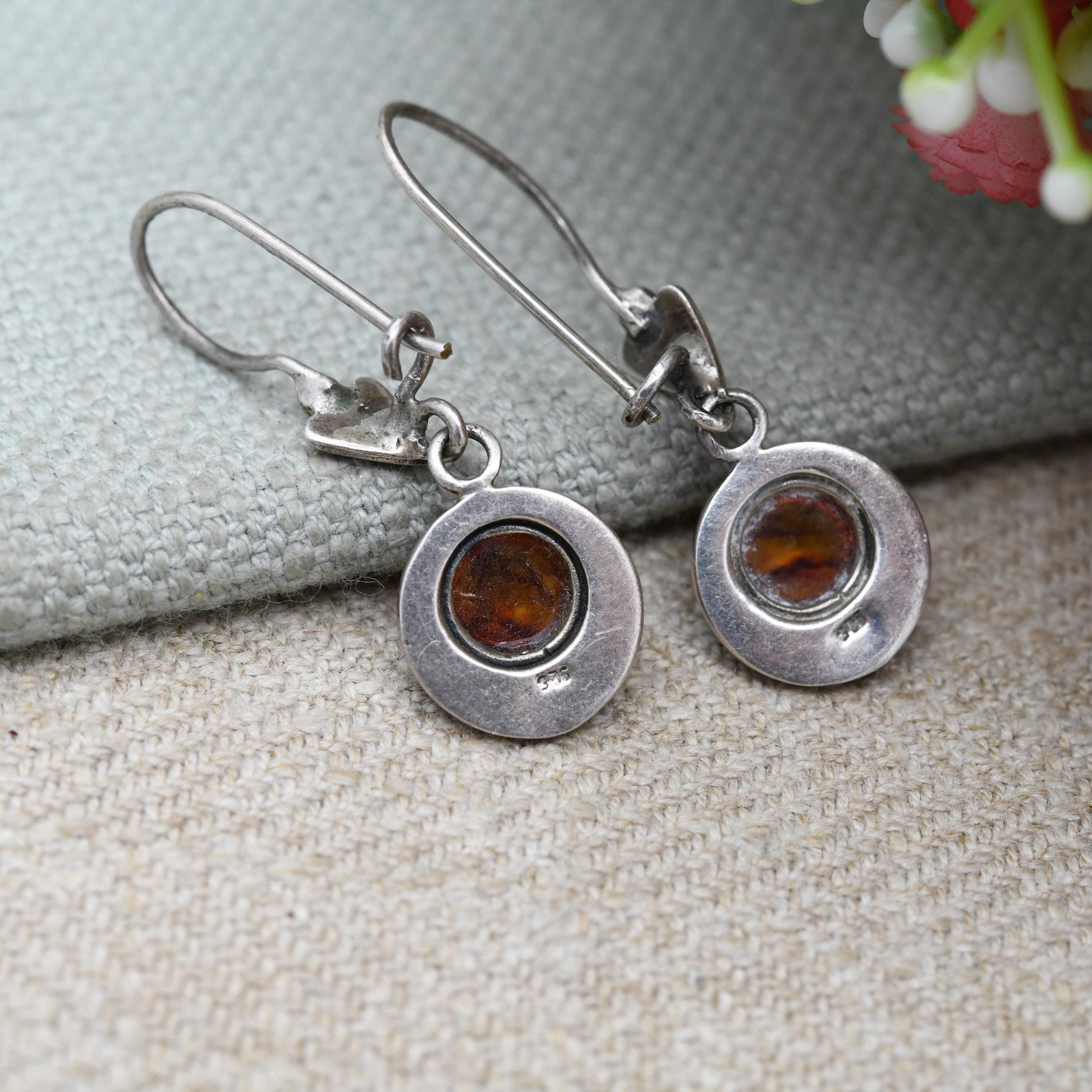 Vintage Sterling Silver and Amber Drop Earrings - Orange Gemstone with Beaded Edge | Baltic Amber | Minimal Dangle Earrings | Gift for Her