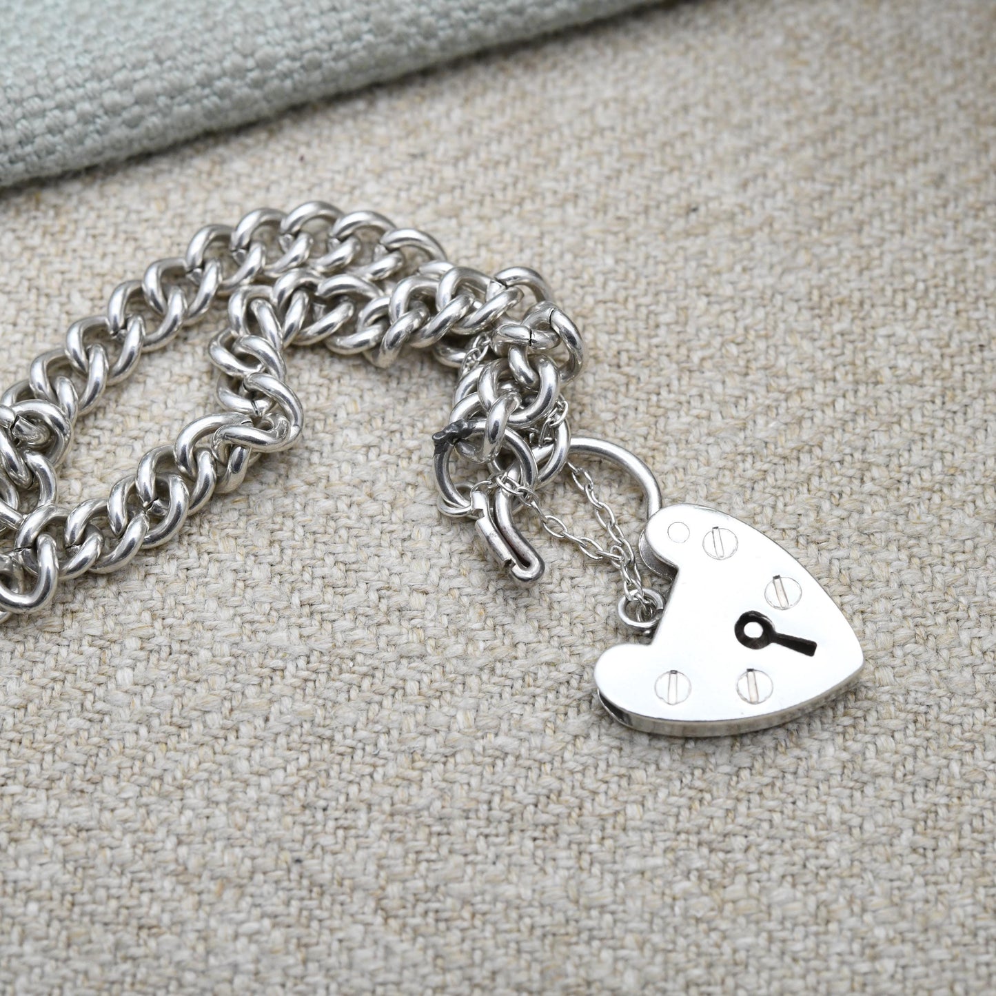 Vintage Sterling Silver Heart Padlock Clasp Chain Bracelet - Cute Curb Links with Safety Chain | Charm Bracelet | Gift for Her