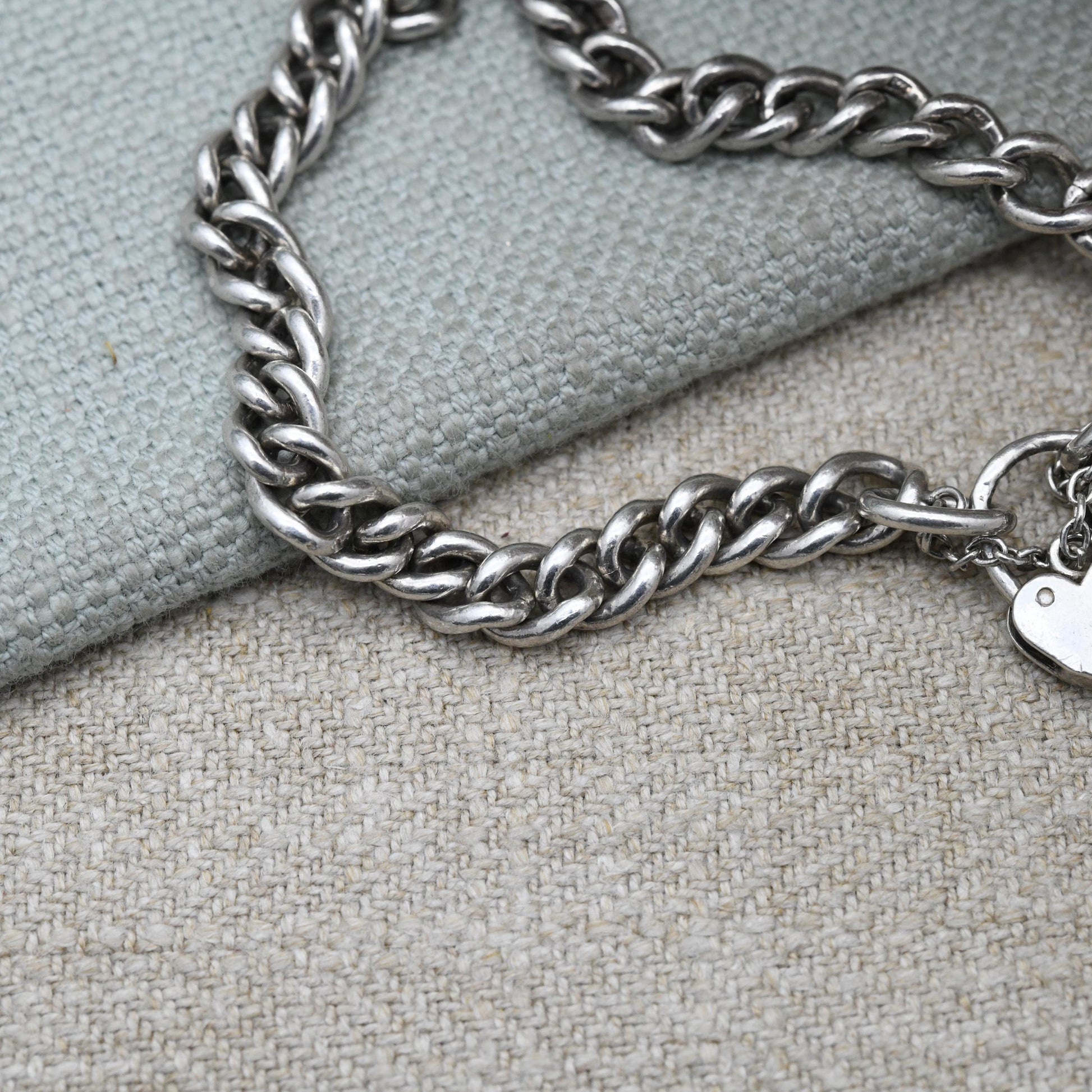 Vintage Sterling Silver Heart Padlock Clasp Chain Bracelet - Chunky Curb Links with Safety Chain | UK Hallmarks