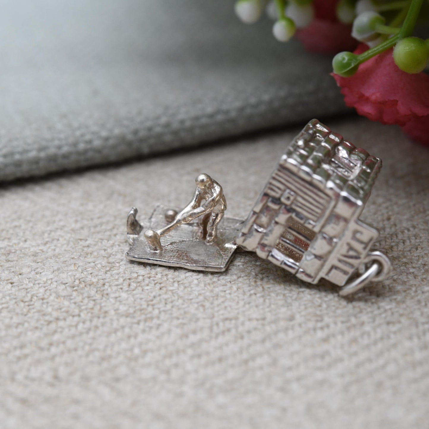Vintage Sterling Silver Opening Jail House Charm Pendant - Prison Cell | Prisoner Breaking Rocks | Chains | Bars | Gift for Charm Bracelet