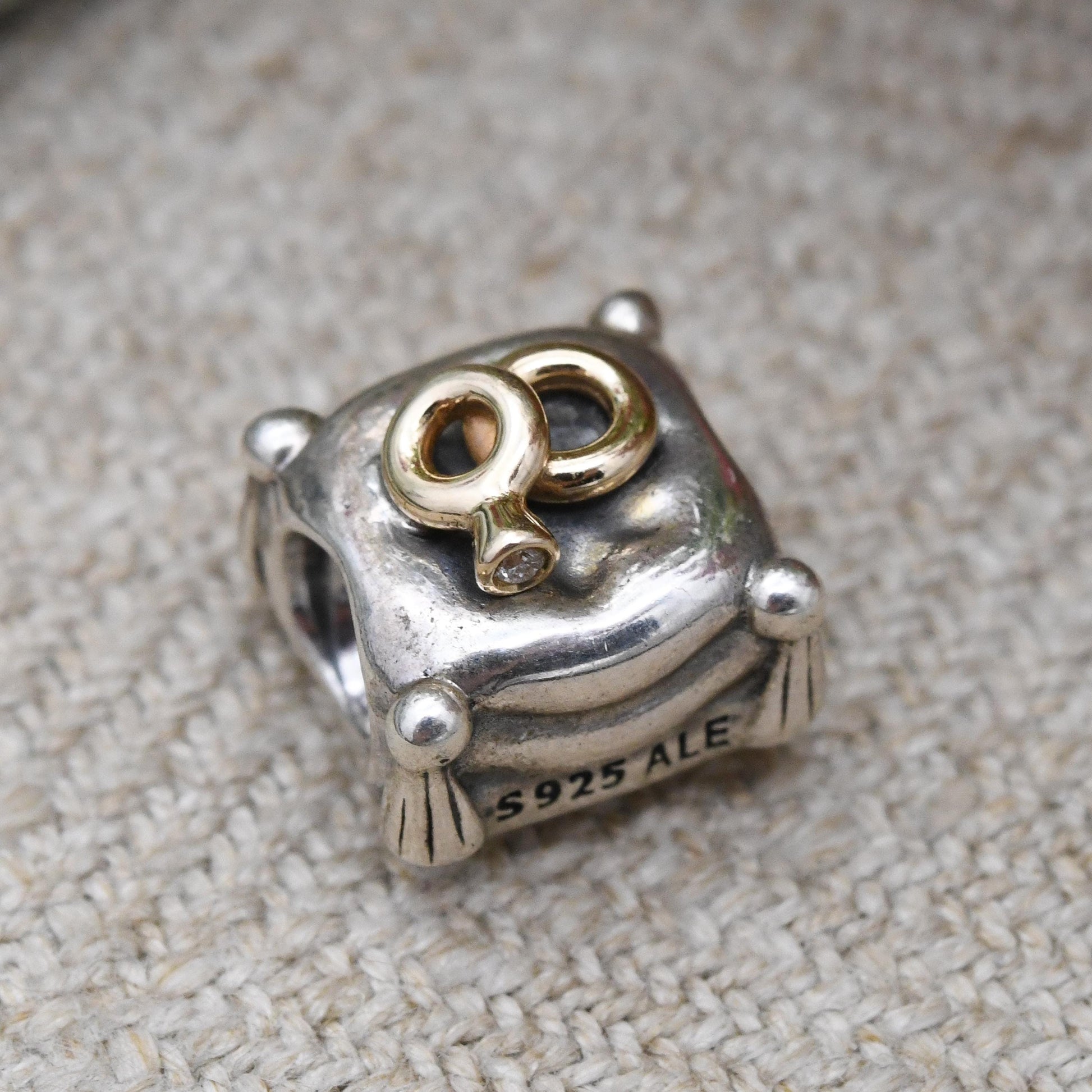 Pandora Sterling Silver and Gold Plate Wedding Rings Charm Pendant - Engagement | Ring Pillow | Gift for Charm Bracelet