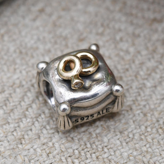 Pandora Sterling Silver and Gold Plate Wedding Rings Charm Pendant - Engagement | Ring Pillow | Gift for Charm Bracelet