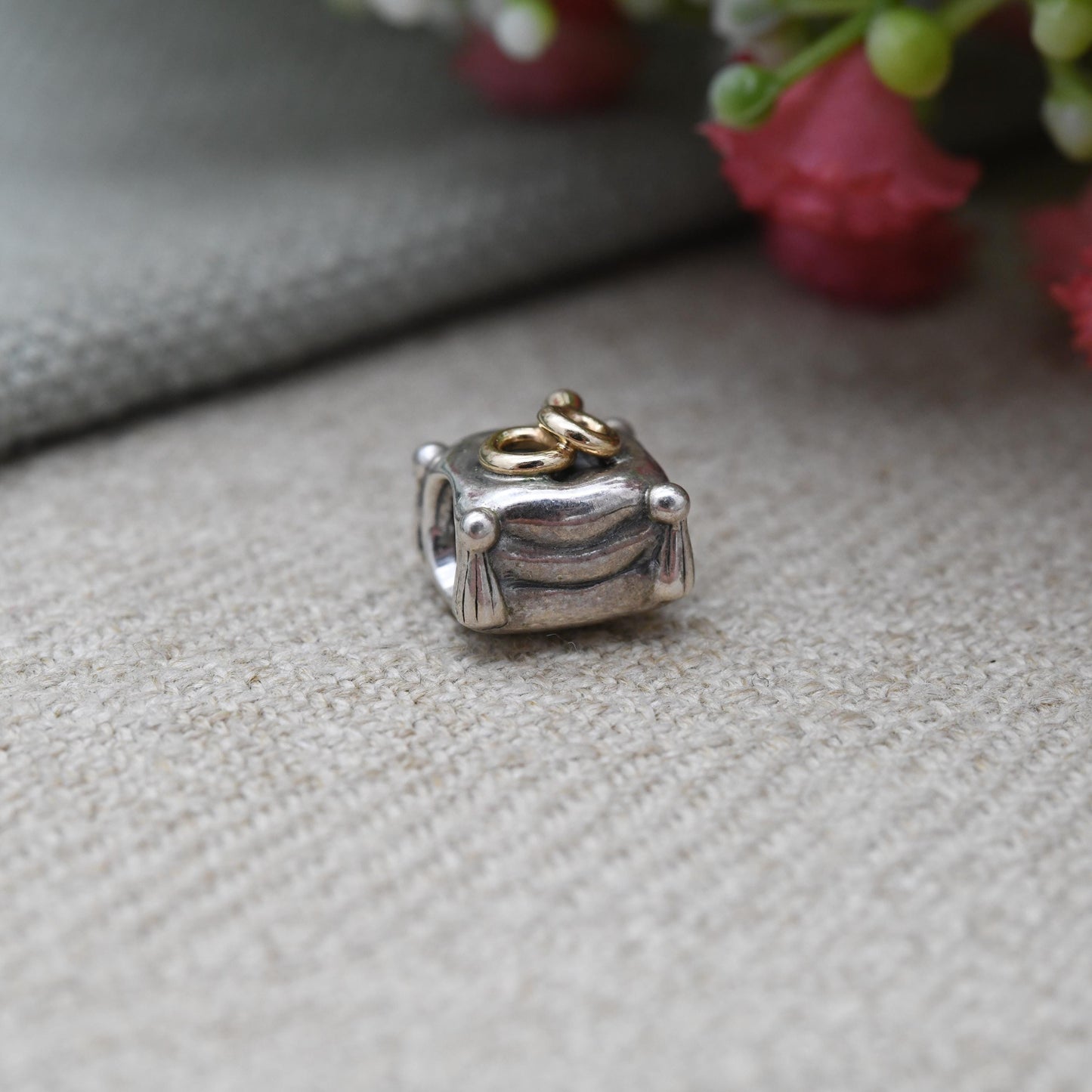 Pandora Sterling Silver and Gold Plate Wedding Rings Charm Pendant - Engagement | Ring Pillow | Gift for Charm Bracelet