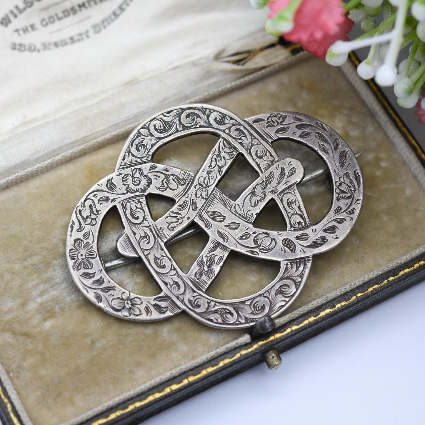 Antique Victorian Sterling Silver Lovers Knot Brooch Hand Engraved with Flowers - Large Victorian Aesthetic Movement Infinity Design