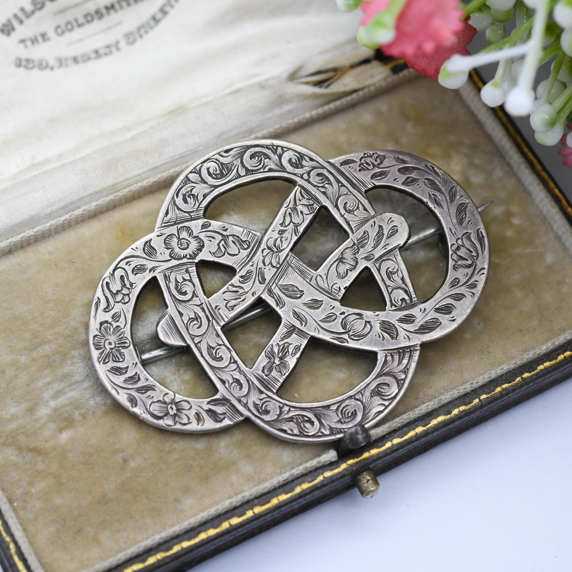 Antique Victorian Sterling Silver Lovers Knot Brooch Hand Engraved with Flowers - Large Victorian Aesthetic Movement Infinity Design