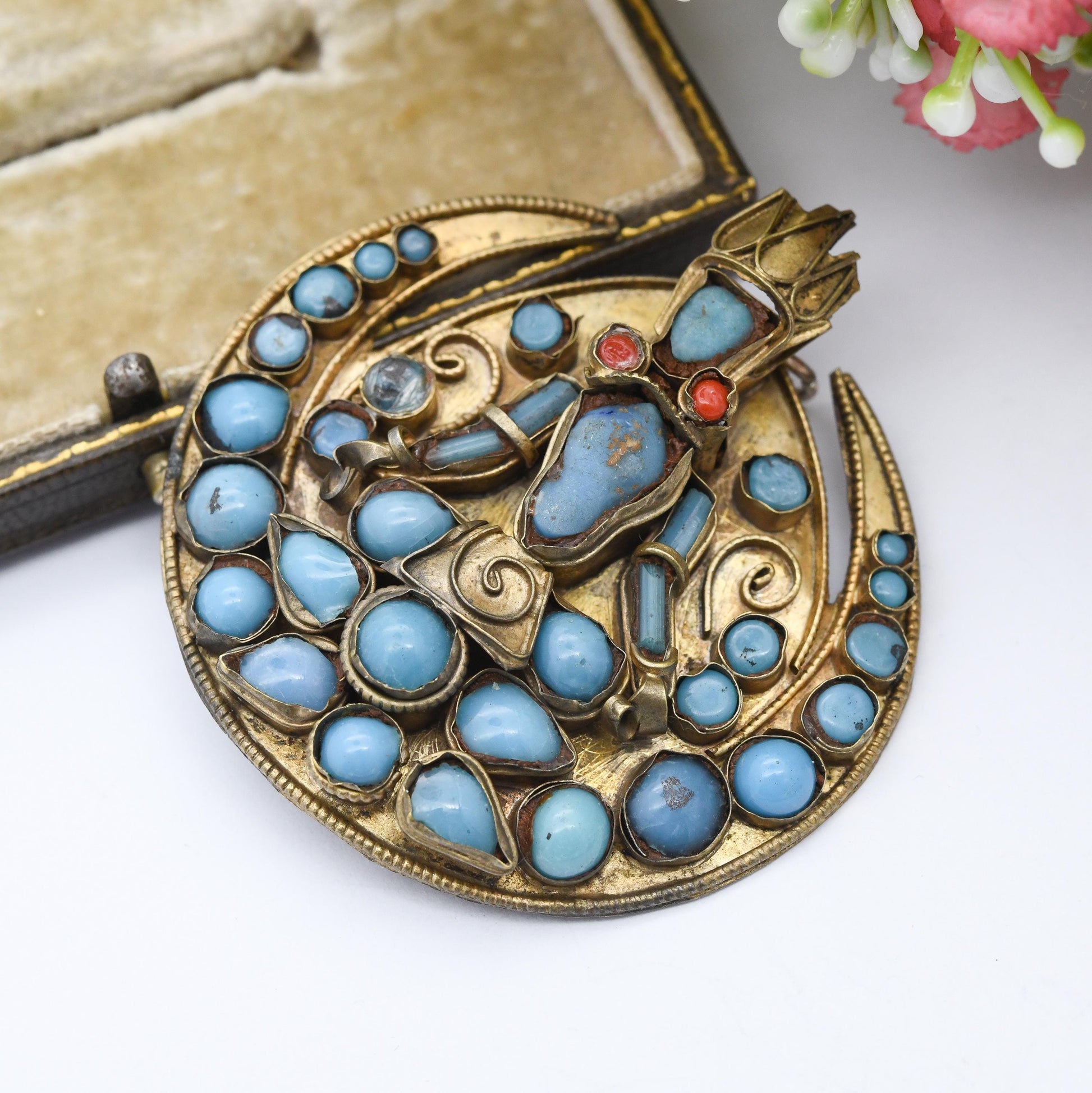 Antique Nepalese Turquoise Pendant Buddhist Deity God Figure c. 1800s - Carved Gemstone Face | Coral Earrings
