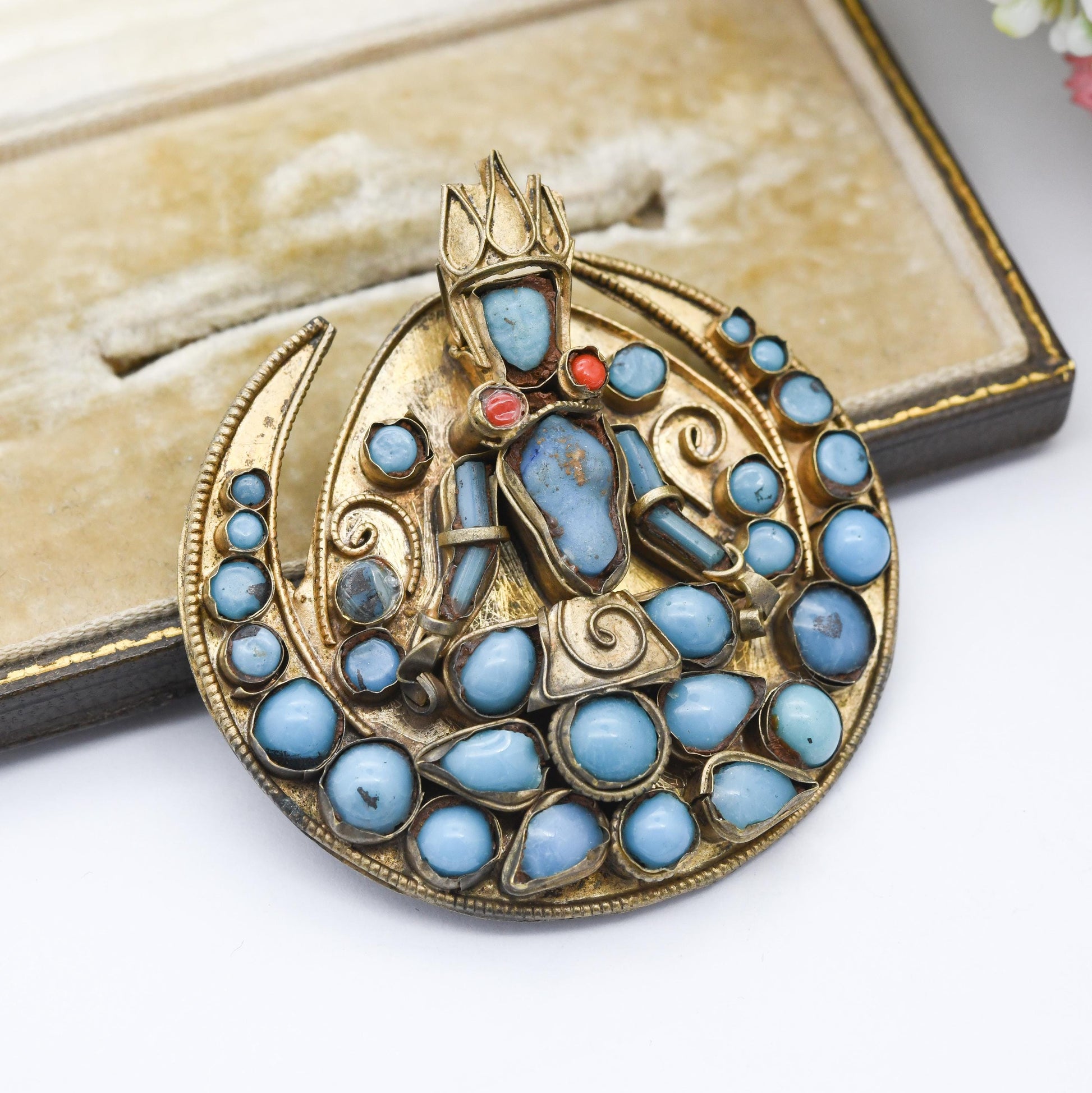 Antique Nepalese Turquoise Pendant Buddhist Deity God Figure c. 1800s - Carved Gemstone Face | Coral Earrings