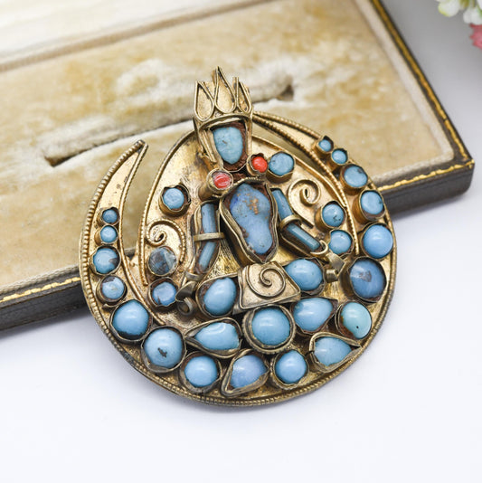 Antique Nepalese Turquoise Pendant Buddhist Deity God Figure c. 1800s - Carved Gemstone Face | Coral Earrings
