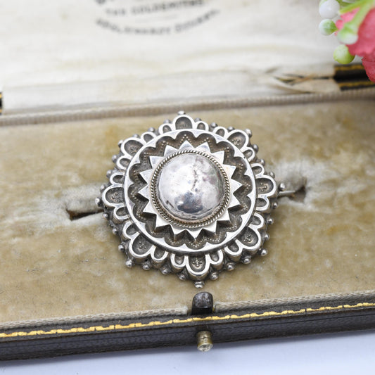 Antique Victorian Sterling Silver Dome Brooch 1882 - Victorian Etruscan Revival | Textured Circle with Granulation