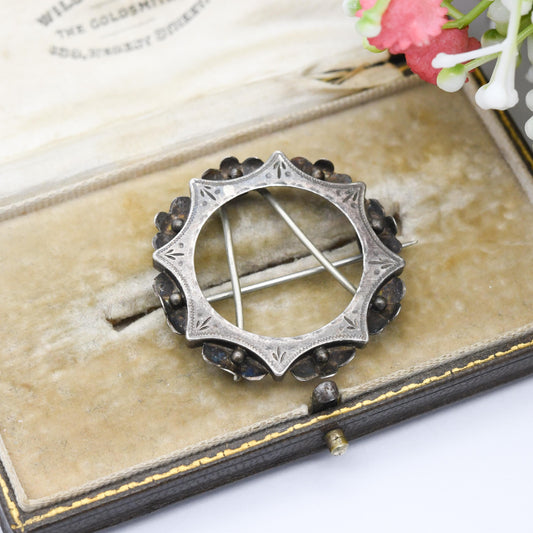 Antique Victorian Sterling Silver Coin Mount Brooch c. 1880s - Hand Engraved Border | Textured Circle with Granulation | for Silver Shilling