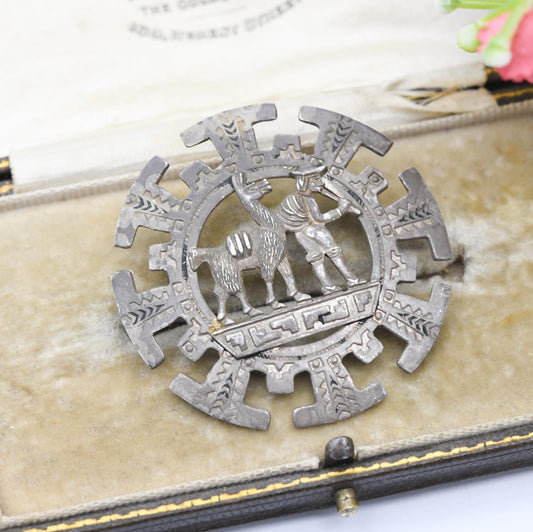 Vintage Peru Sterling Silver Man and Llama Brooch Pendant - Peruvian Silver Jewellery South American Design Musician Flute Player Alpaca