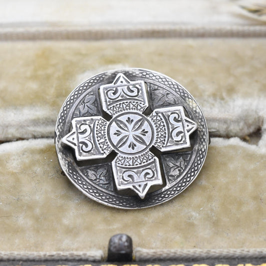 Antique Victorian Sterling Silver Brooch Engraved Ivy Leaves - Victorian Aesthetic Movement Pointed Square Cross in Circle