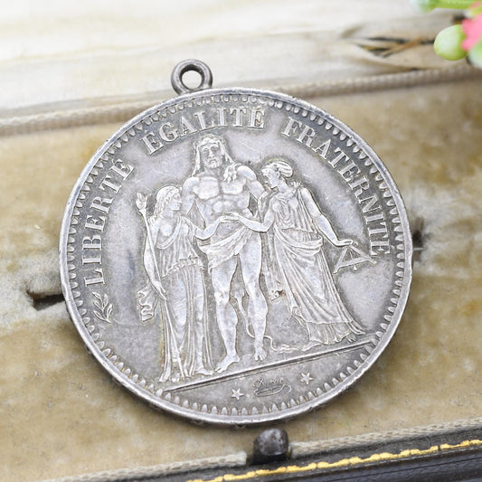 Antique Silver 5 Francs French Coin Brooch - Hercules Liberty Equality Fraternity | Collectable Silver Coin Jewellery