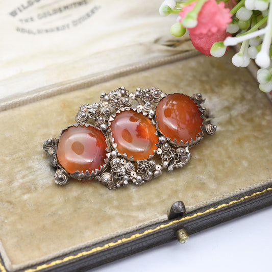 Antique Cannetille Silver Carnelian Cabochon Brooch with Three Stones - Ornate Trilogy Gemstone | c. 1800s