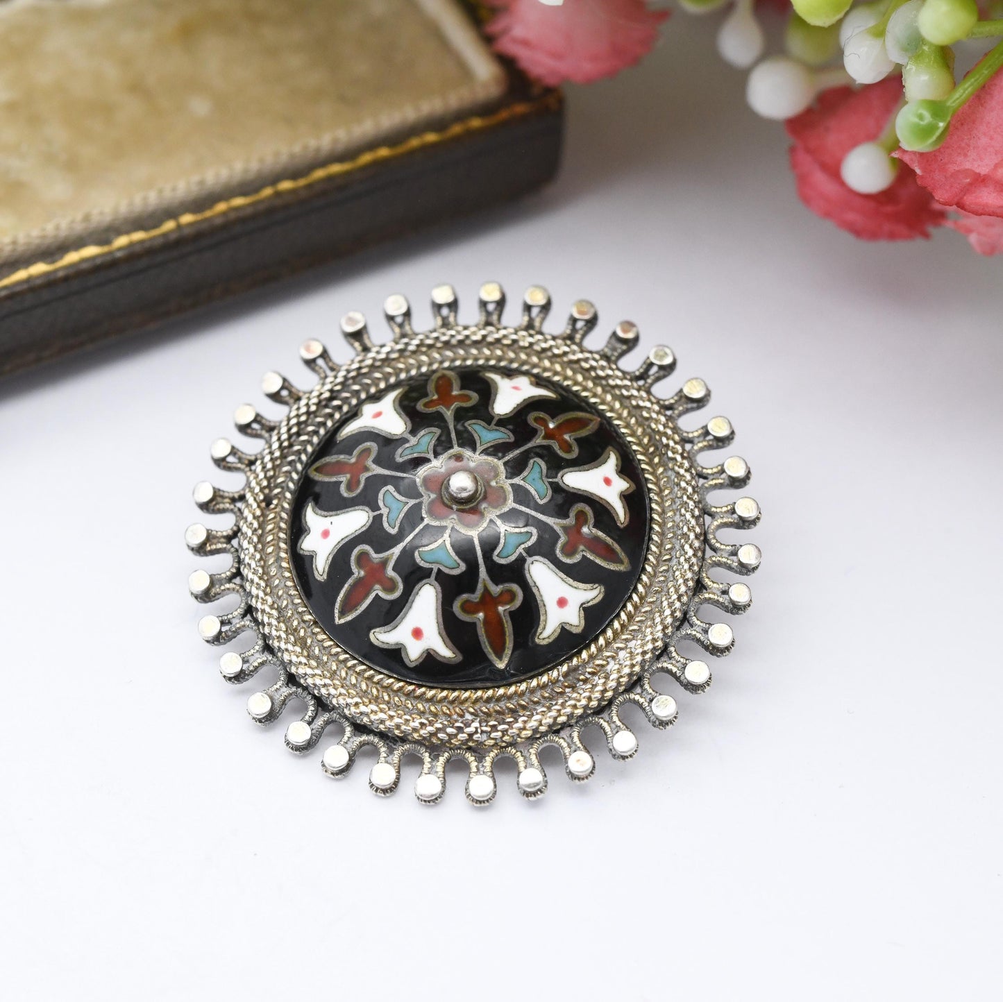 Antique Norwegian Silver Champlevé Enamel Brooch c. 1910s - Domed Circle Shape | Collectable Edwardian Era Scandinavian Silver Jewellery