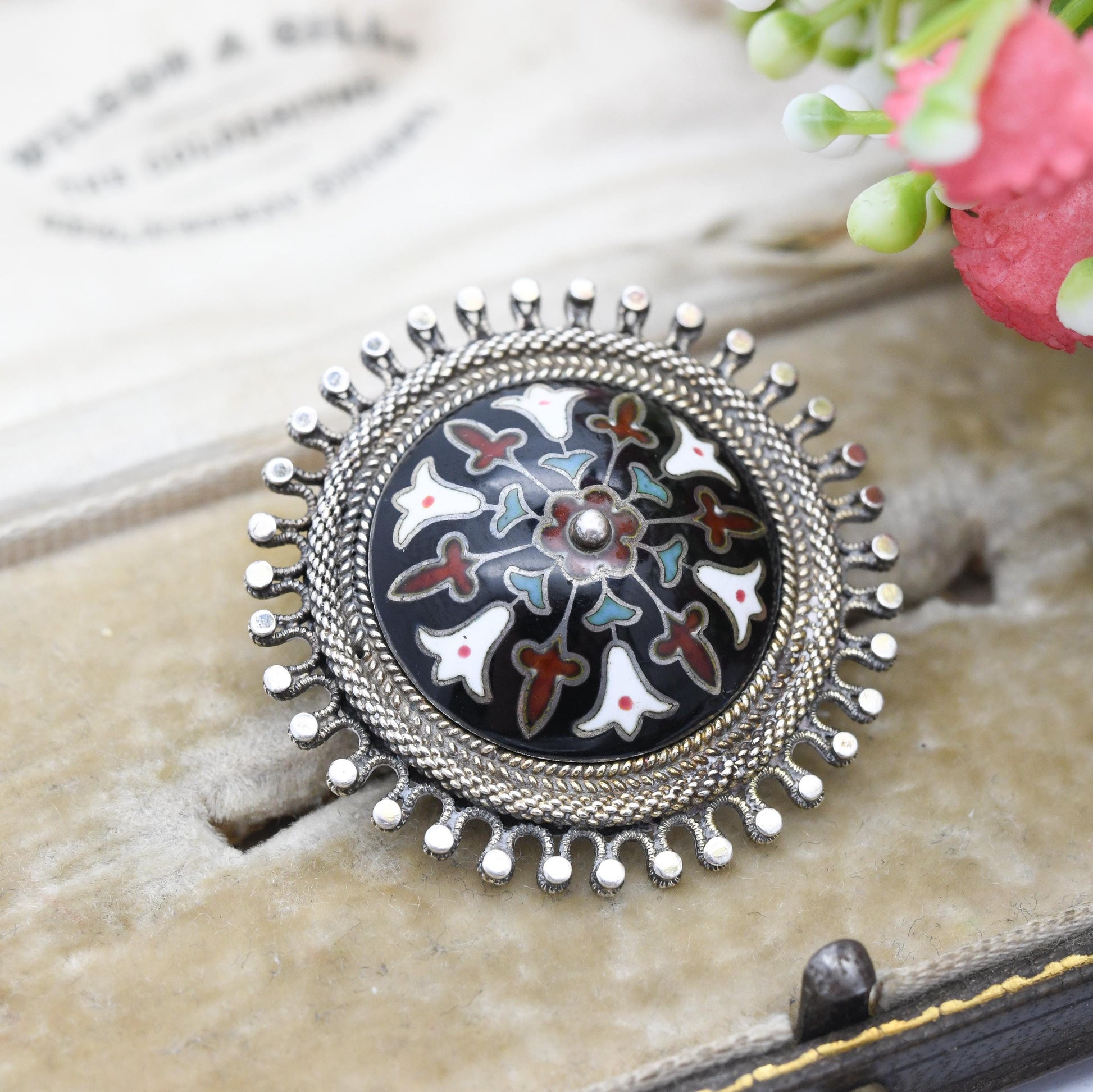 Antique Norwegian Silver Champlevé Enamel Brooch c. 1910s - Domed Circle Shape | Collectable Edwardian Era Scandinavian Silver Jewellery