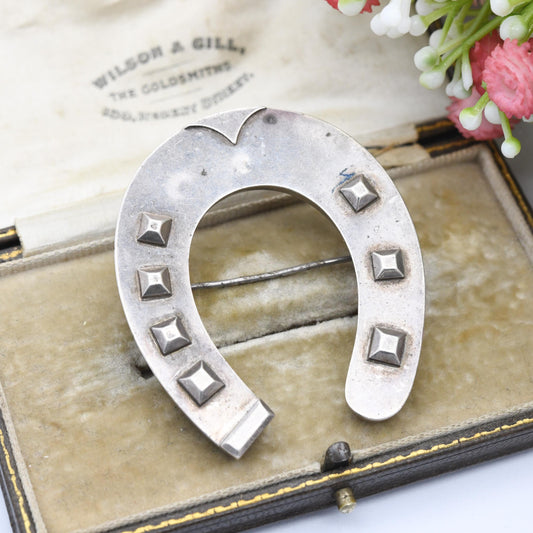 Antique Large Horseshoe Brooch Sterling Silver c. 1890 - Victorian Equestrian Jewellery | Good Luck Symbol