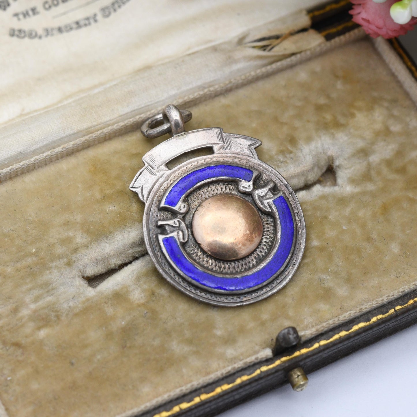 Vintage Sterling Silver Watch Fob Pendant with Rose Gold Front 1927 - with Blue Enamel | Blank for Engraving | UK Hallmarks